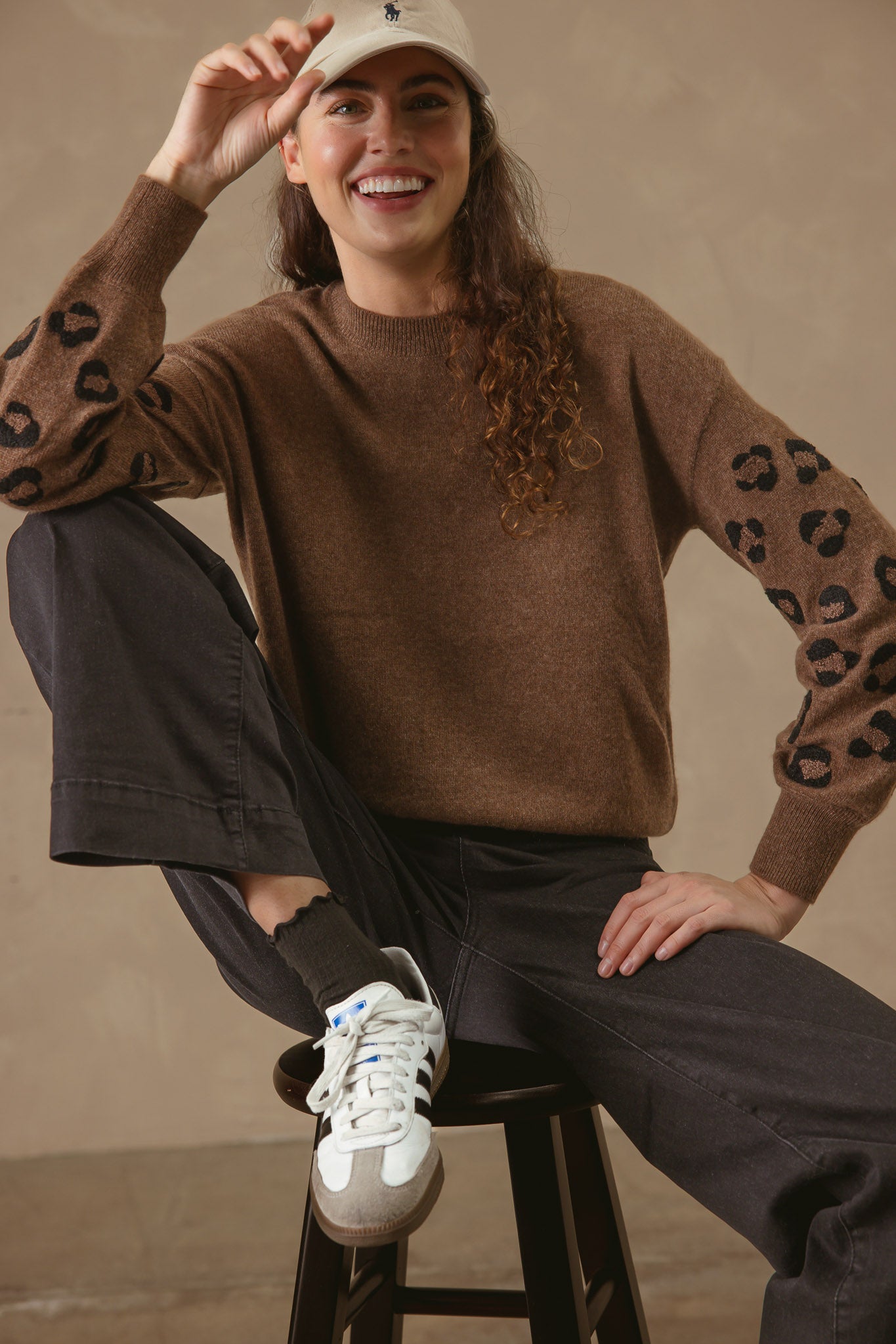 Cordelia Cashmere Crew with Leopard Embroidery on Sleeves