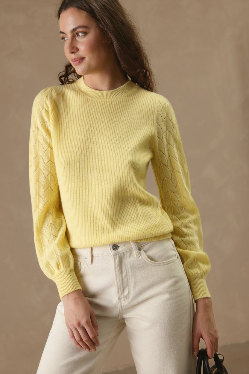 Hinnen Cashmere Crewneck with Pointelle on Sleeves
