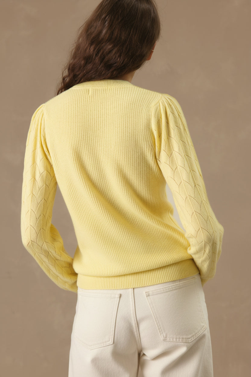 Hinnen Cashmere Crewneck with Pointelle on Sleeves
