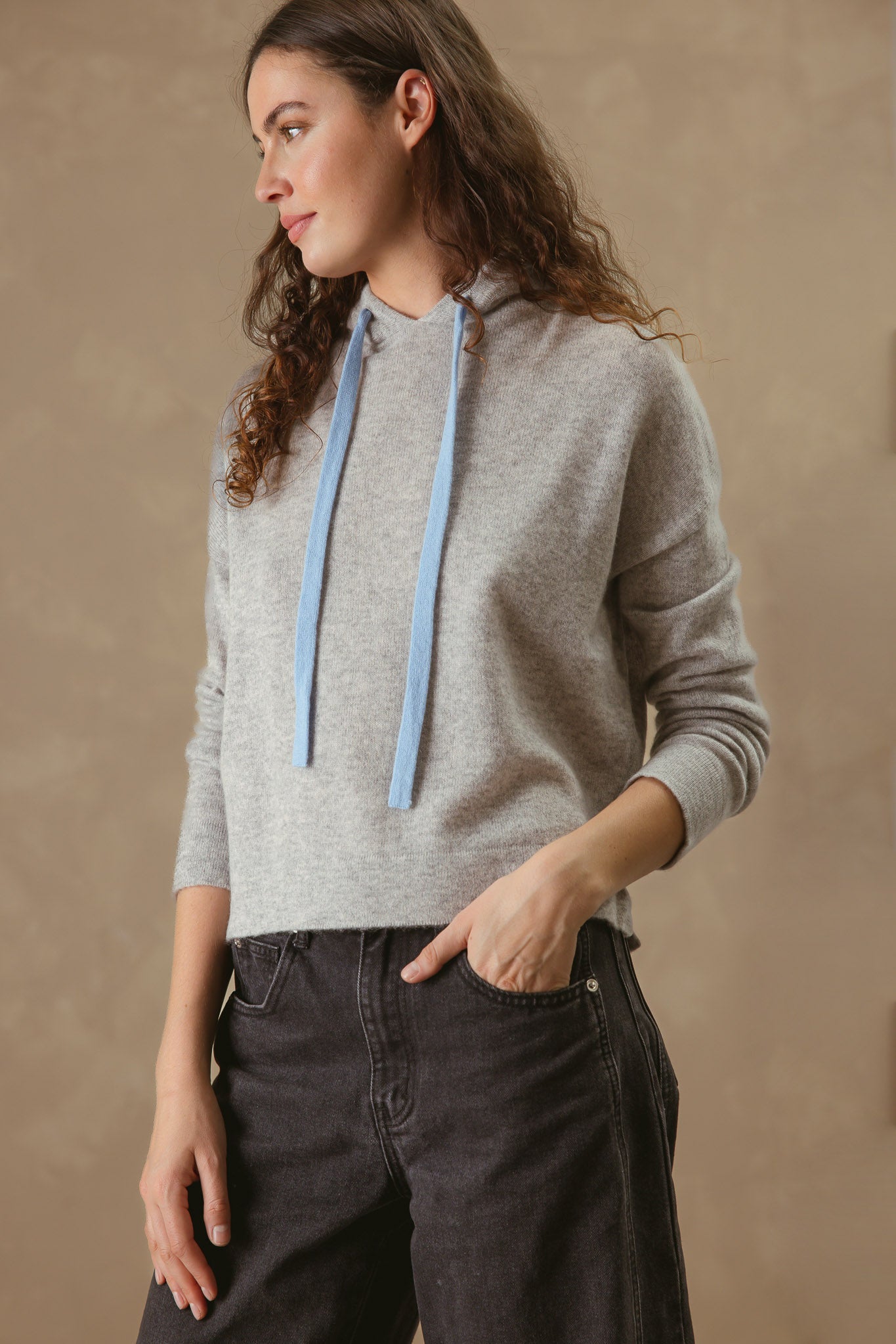 Tova Cashmere Pullover Hoodie with Contrast Drawstring
