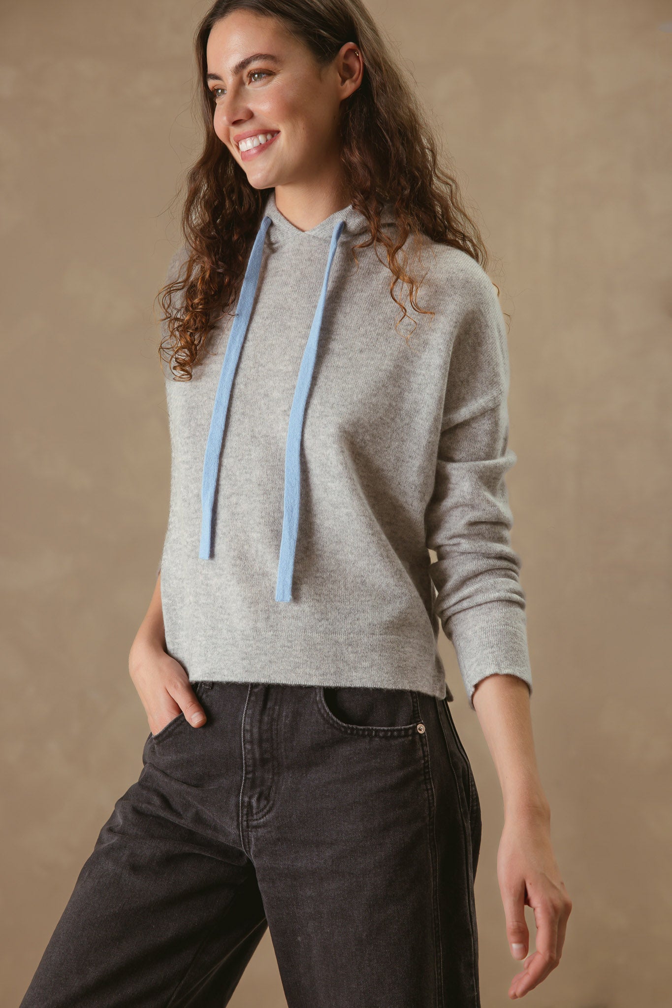 Tova Cashmere Pullover Hoodie with Contrast Drawstring