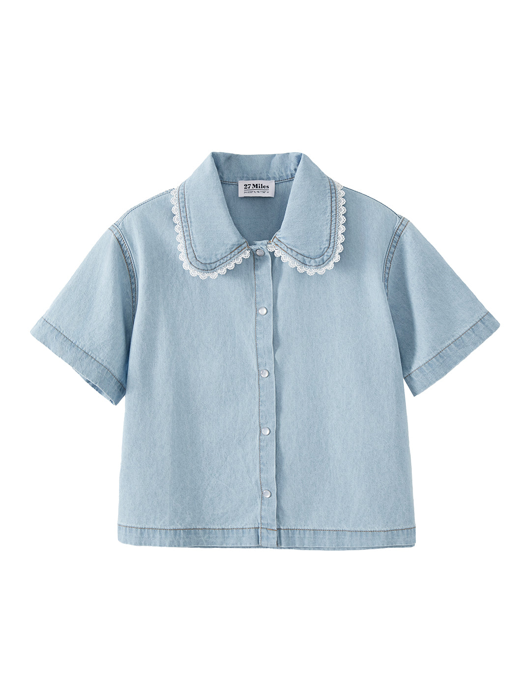 Lainie Short Sleeve Denim Shirt with Lace Collar Trim