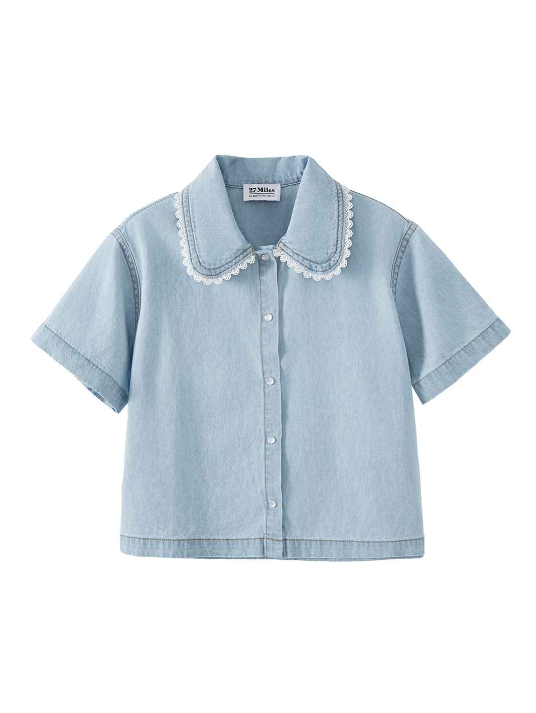 Lainie Short Sleeve Denim Shirt with Lace Collar Trim