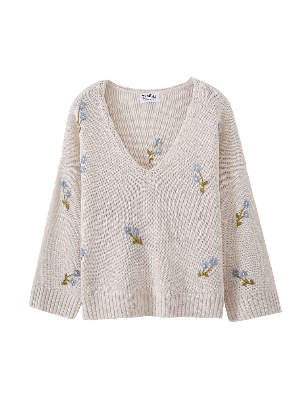 Gelina Linen Blend V neck with Floral Embroidery