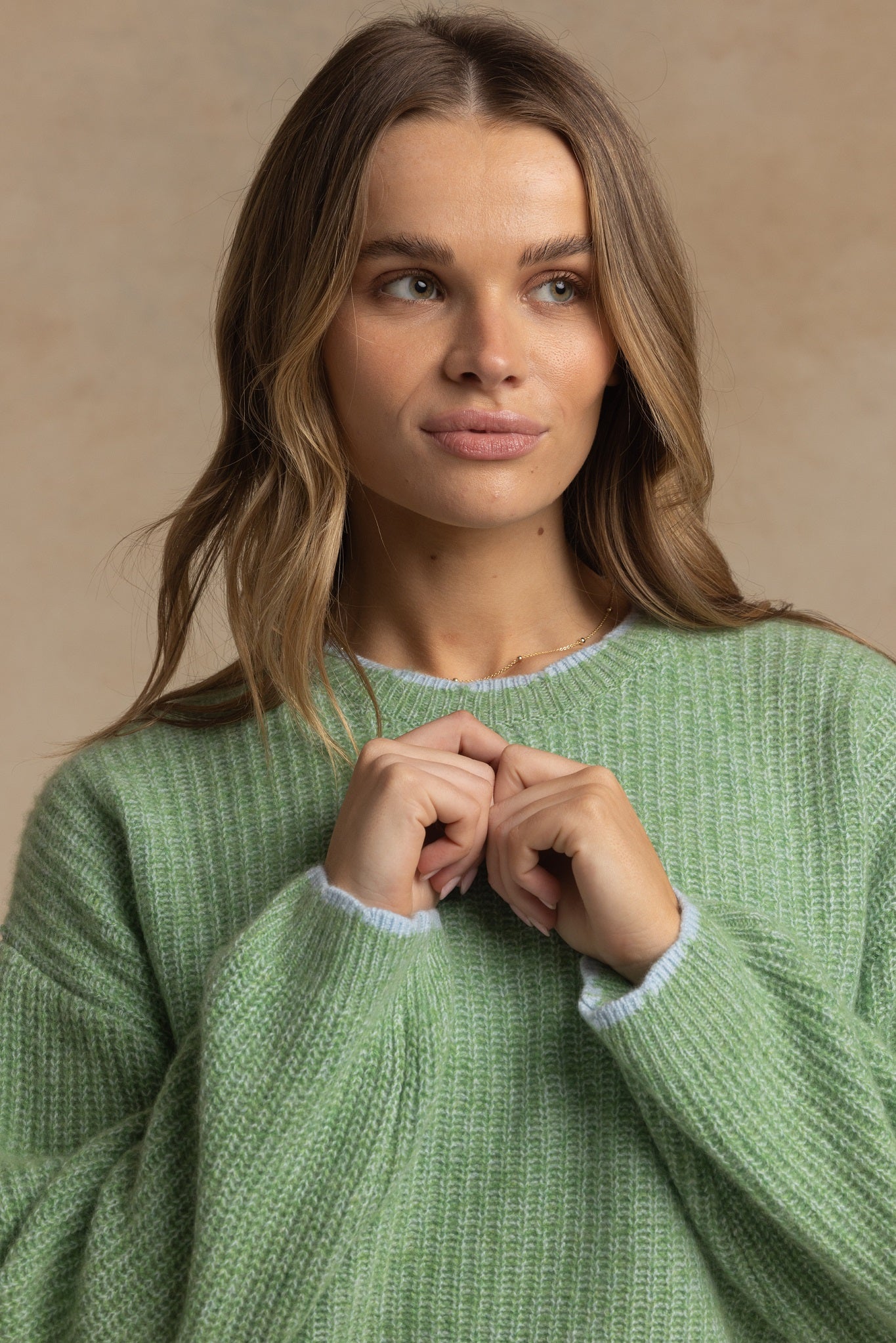 Alba Marled Cashmere Crew with Contrast Tipping