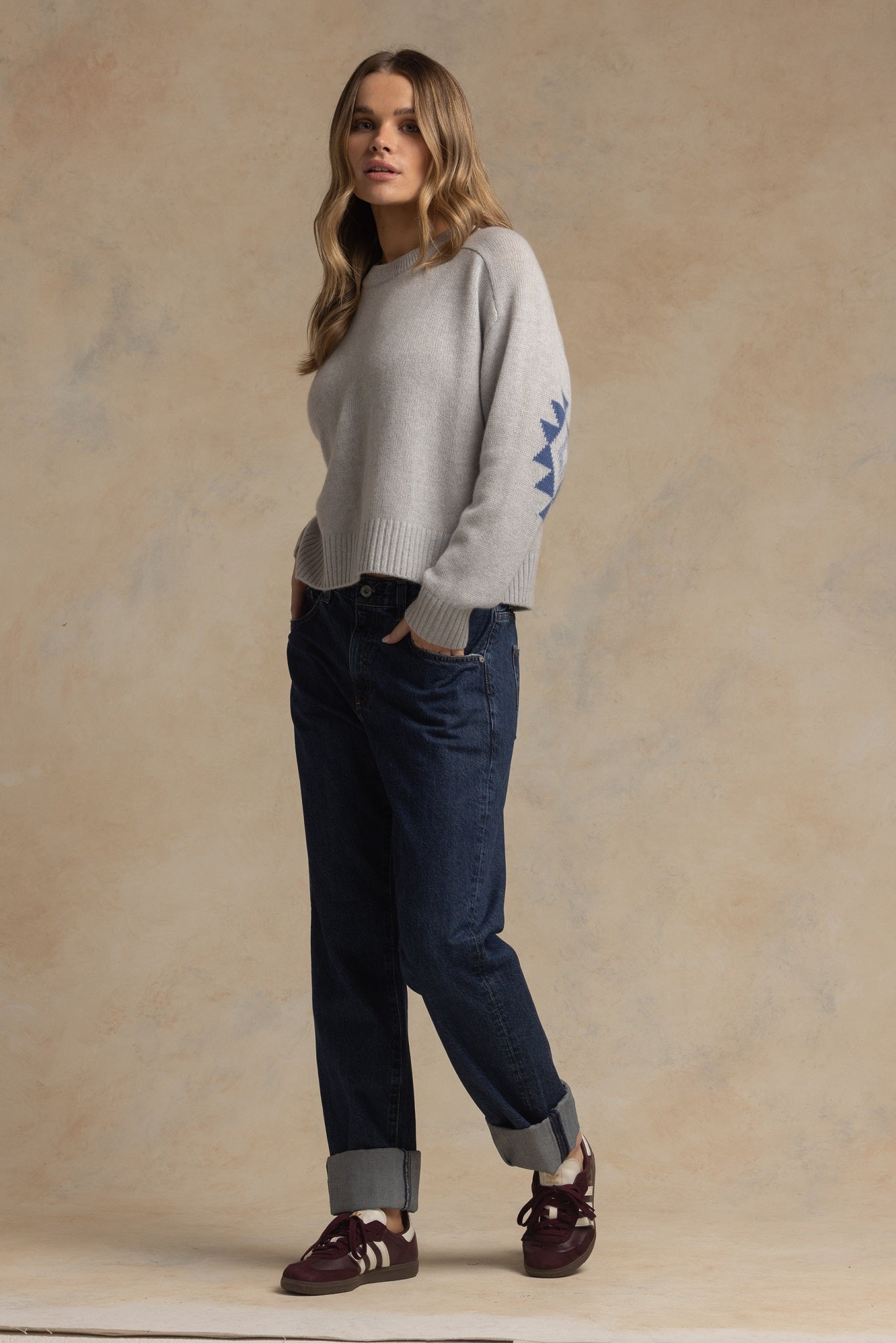 Maty Cashmere Boxy Crew with Navajo Elbow Pattern