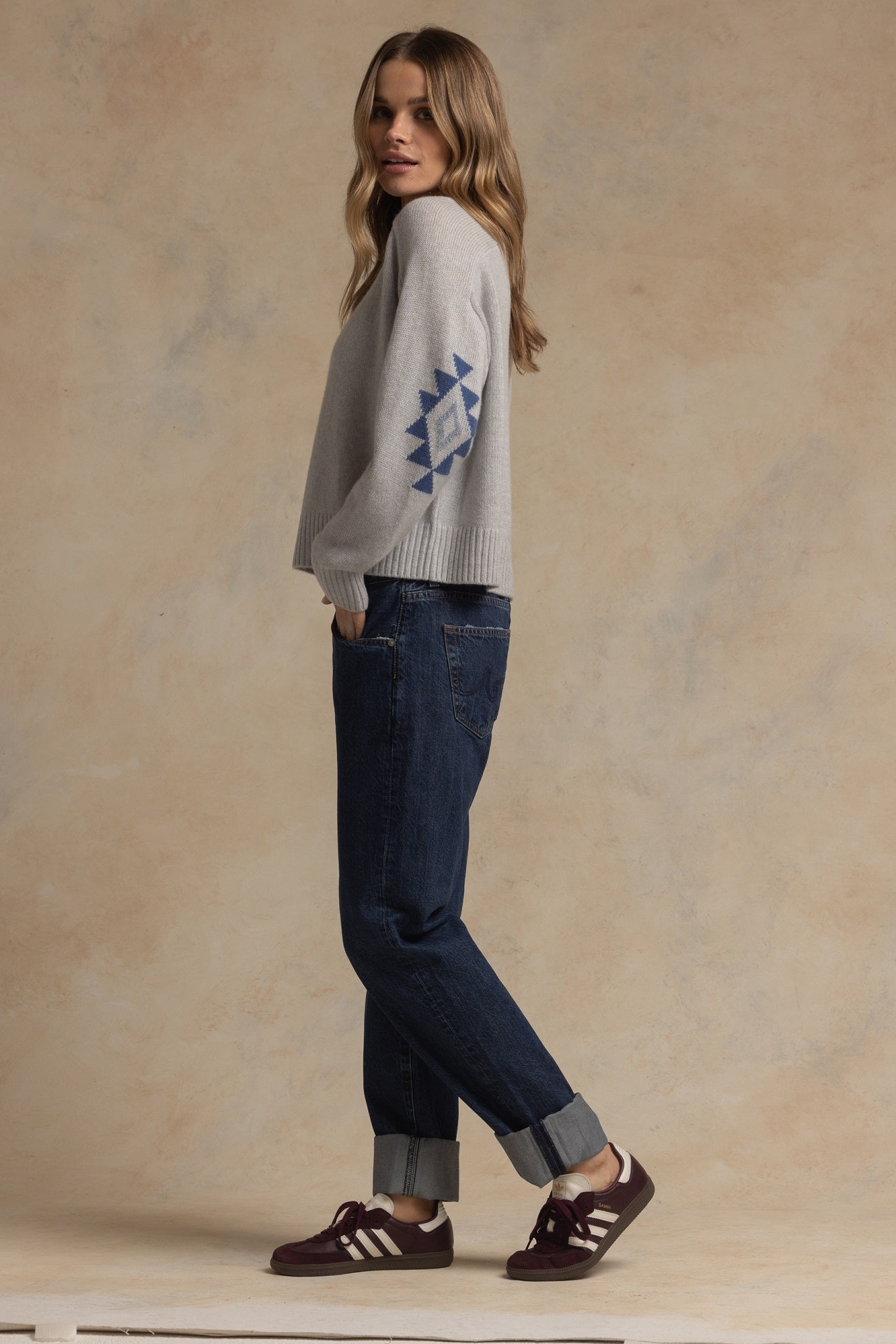 Maty Cashmere Boxy Crew with Navajo Elbow Pattern