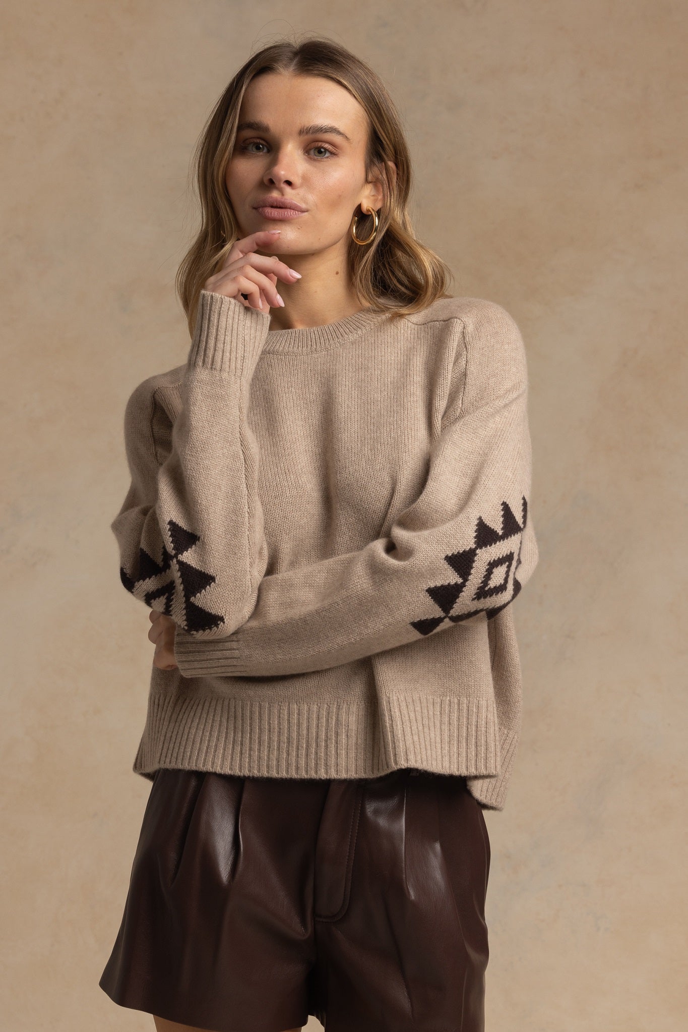 Maty Cashmere Boxy Crew with Navajo Elbow Pattern
