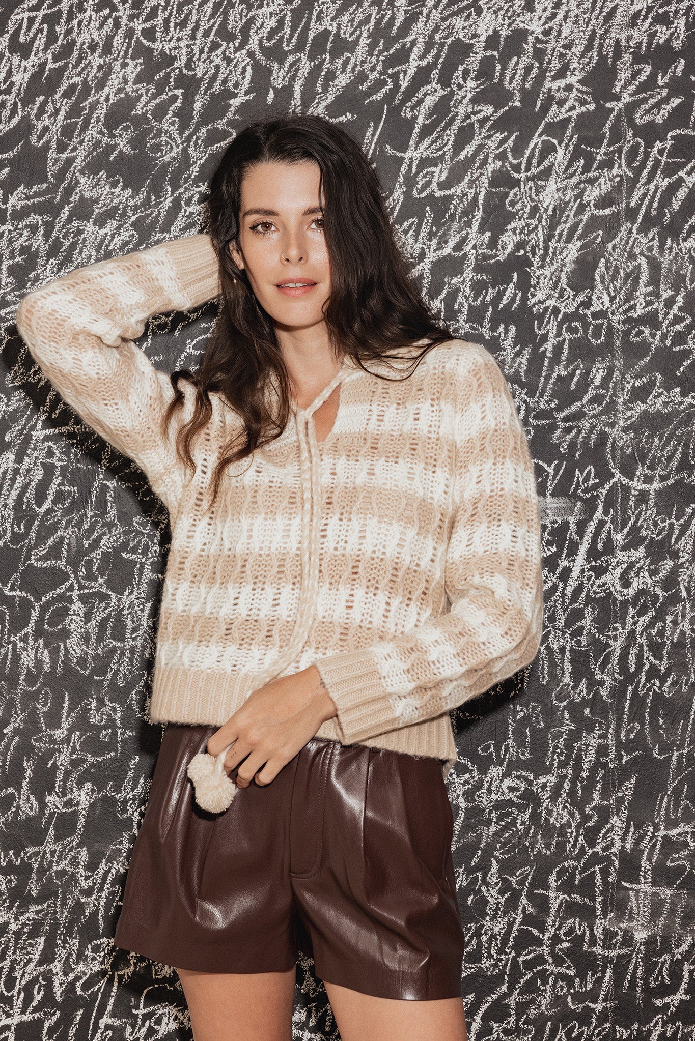 Adler Striped Sweater with Pom Pom Tie at Collar