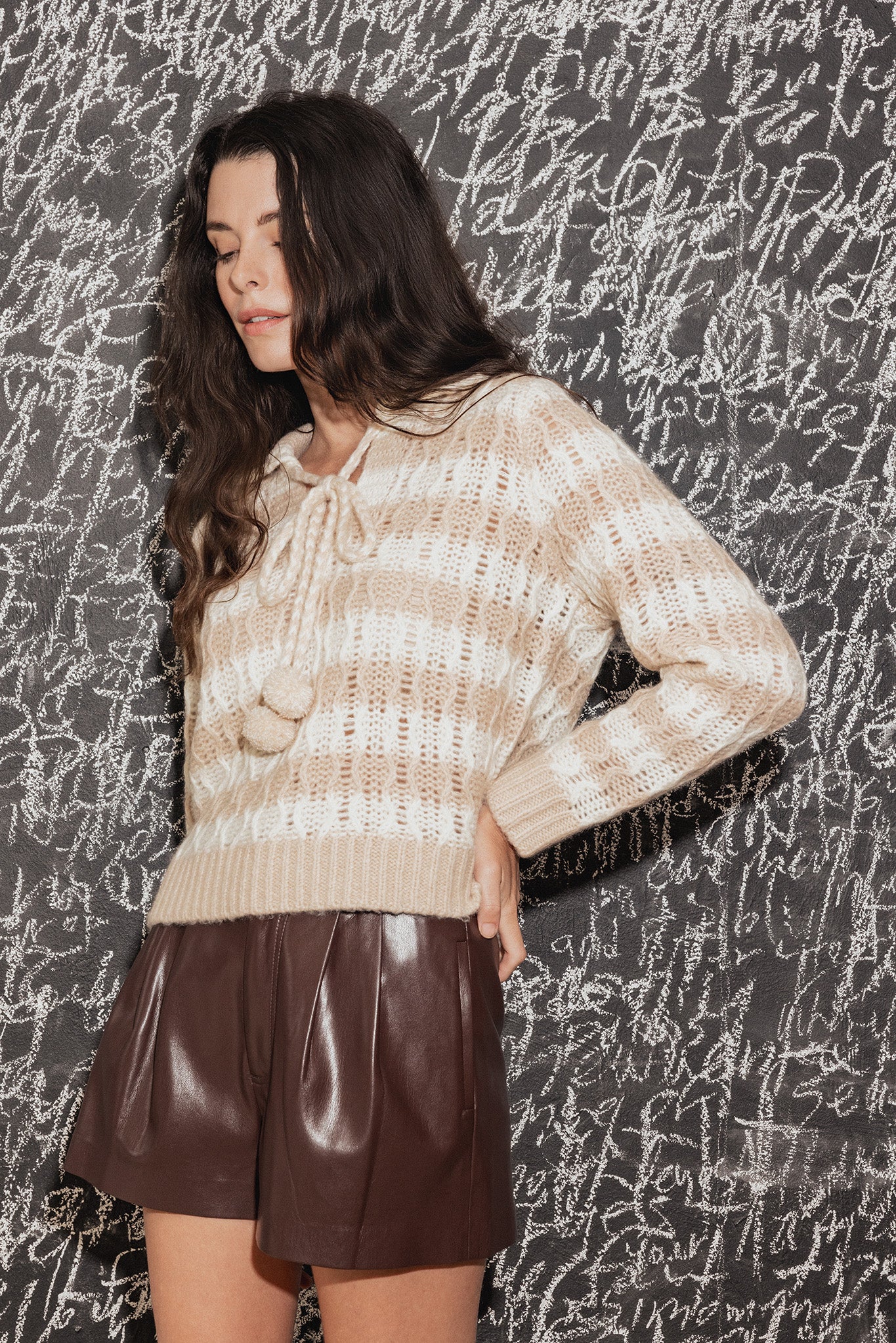 Adler Striped Sweater with Pom Pom Tie at Collar