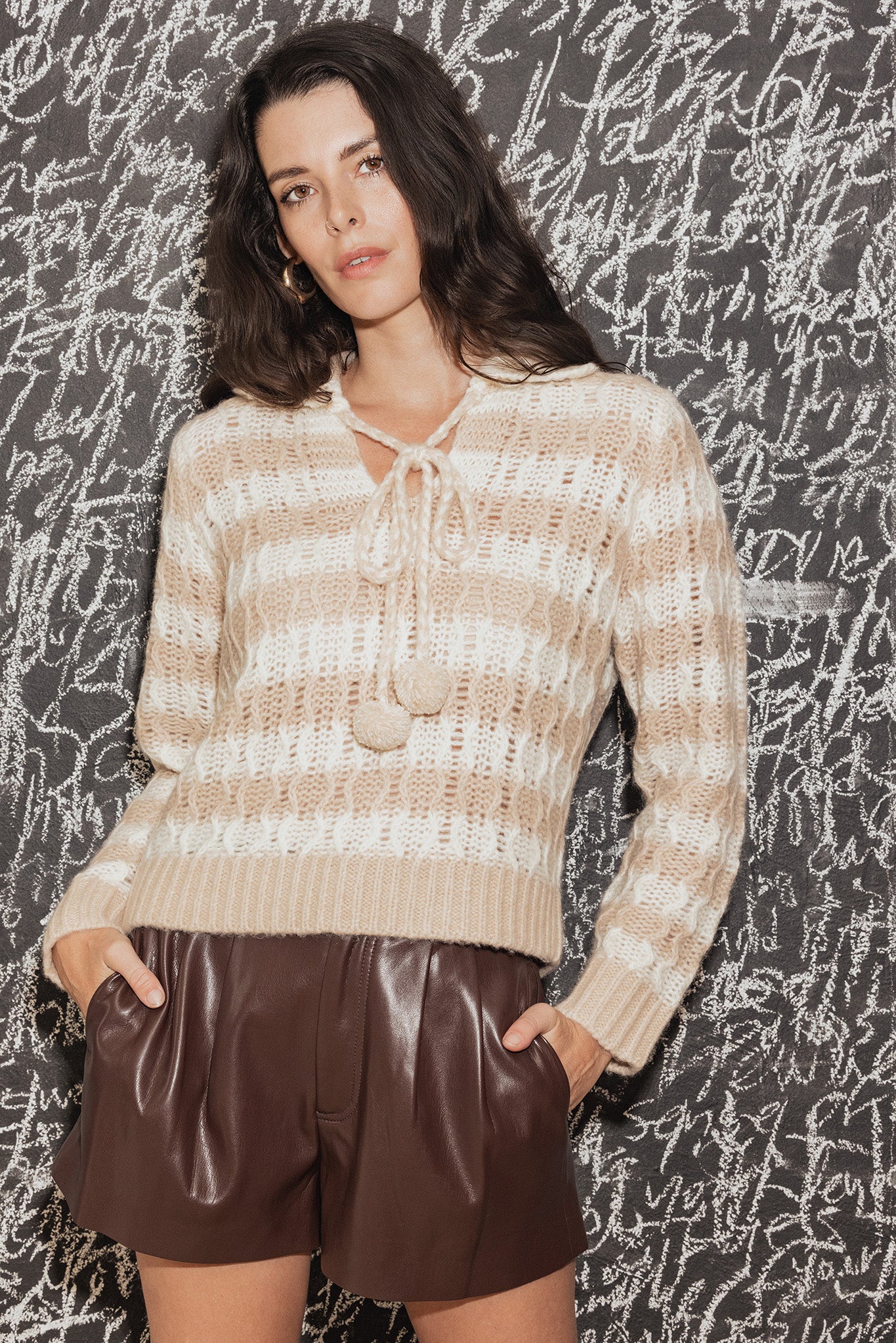 Adler Striped Sweater with Pom Pom Tie at Collar