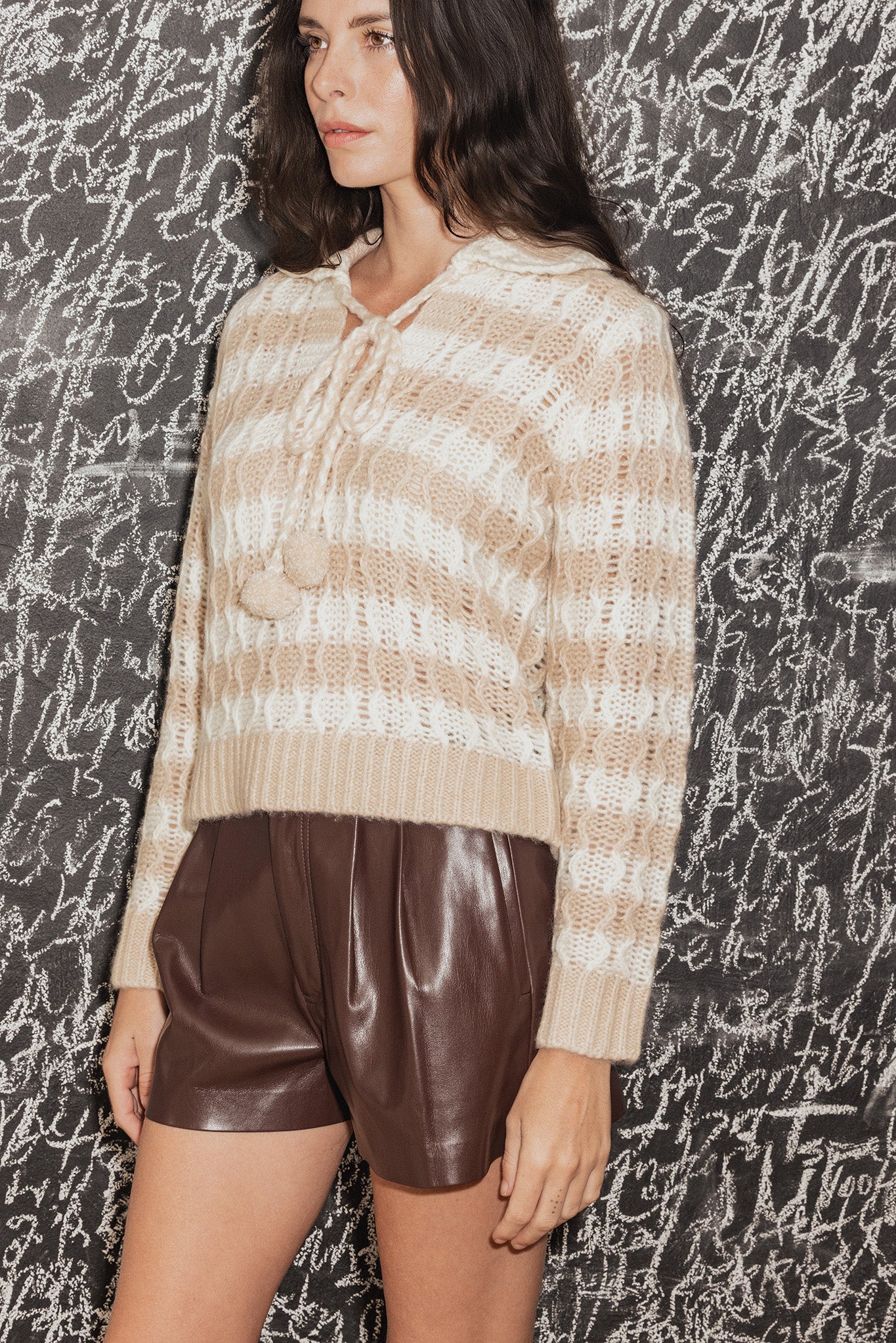 Adler Striped Sweater with Pom Pom Tie at Collar