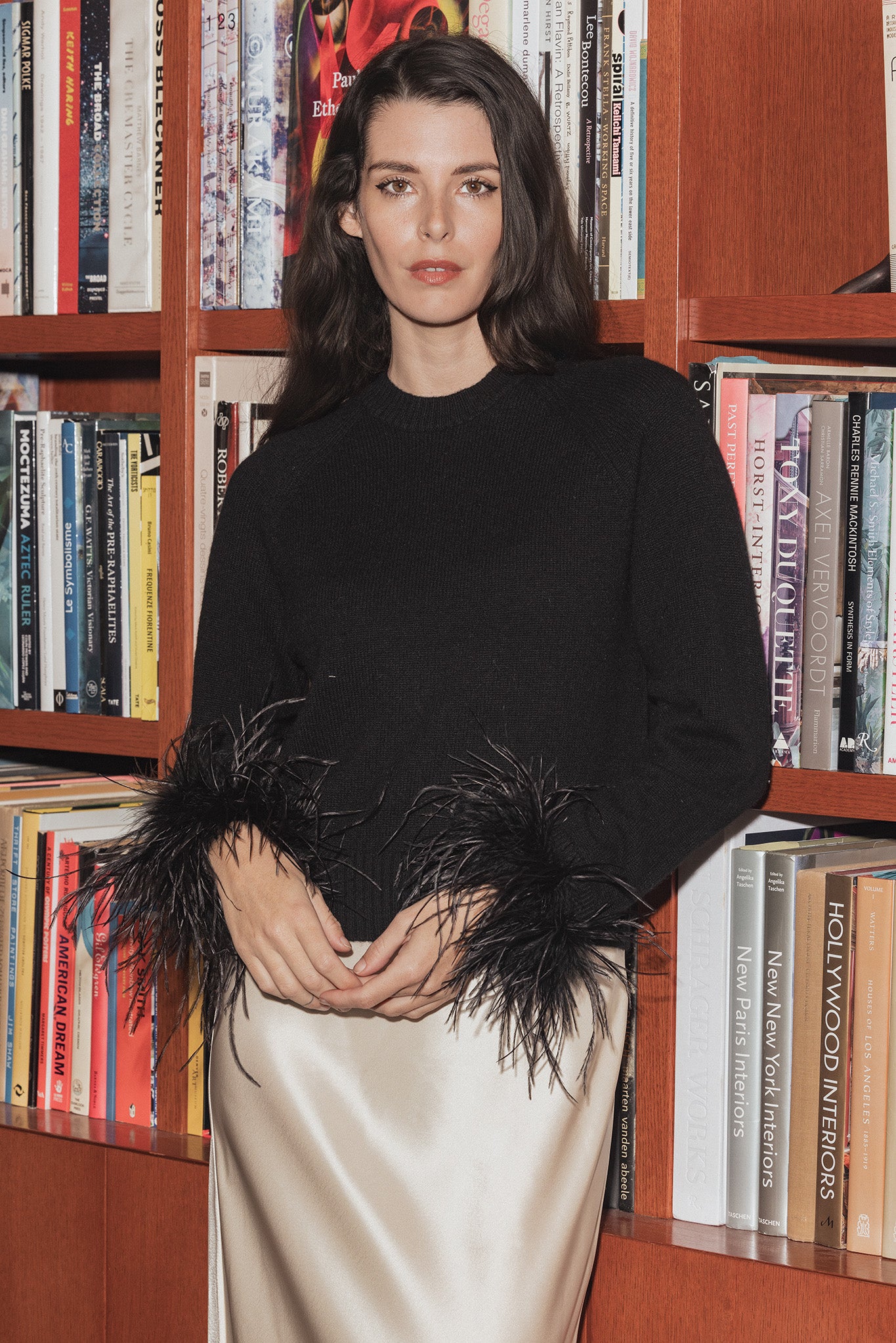 Catriona Cashmere Cropped Crew with Feather Cuffs