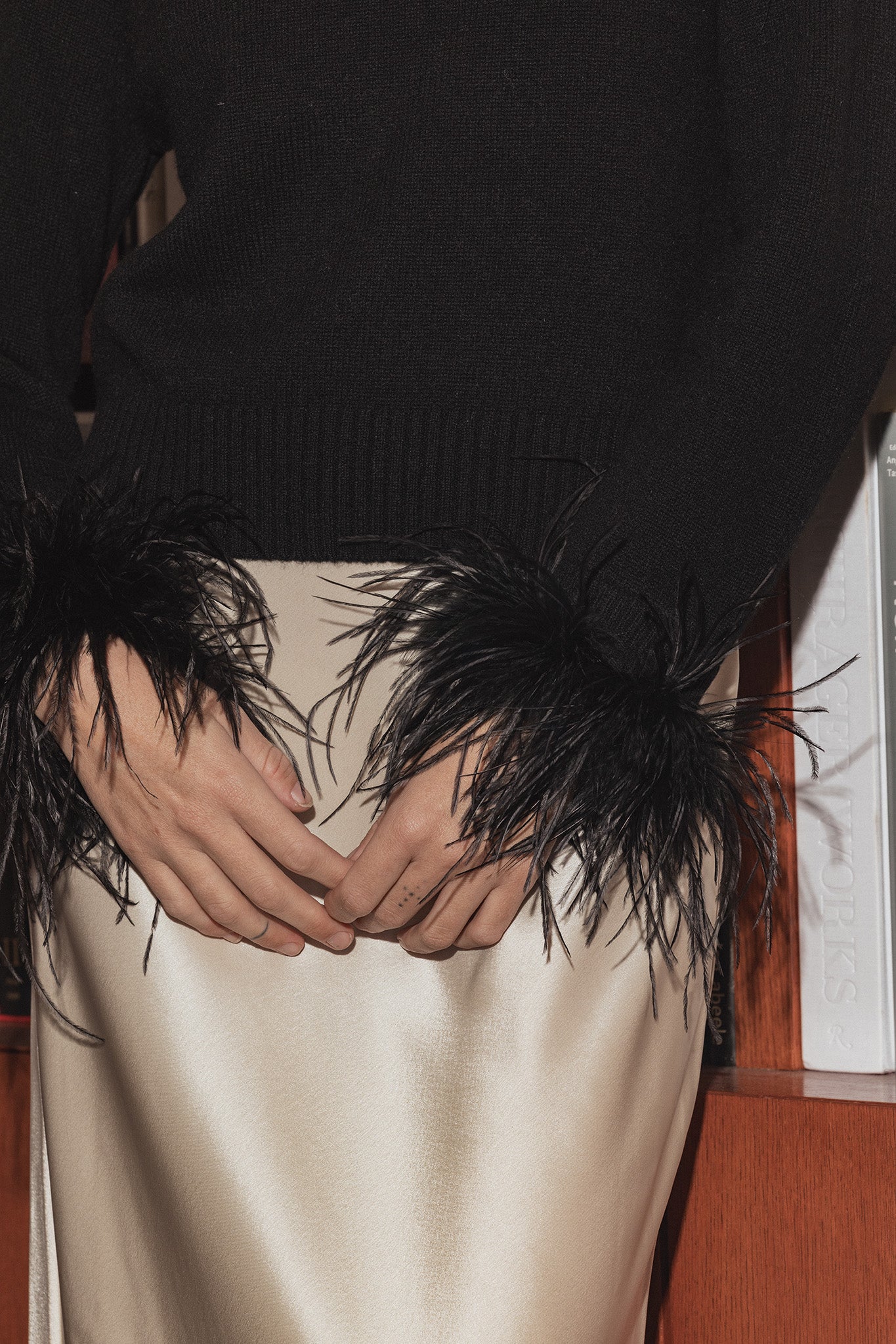 Catriona Cashmere Cropped Crew with Feather Cuffs