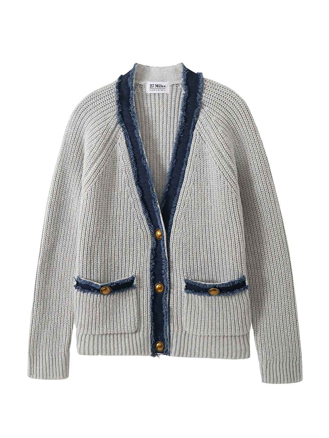 Sylva Cotton Cashmere Chunky Cardigan with Denim Trim