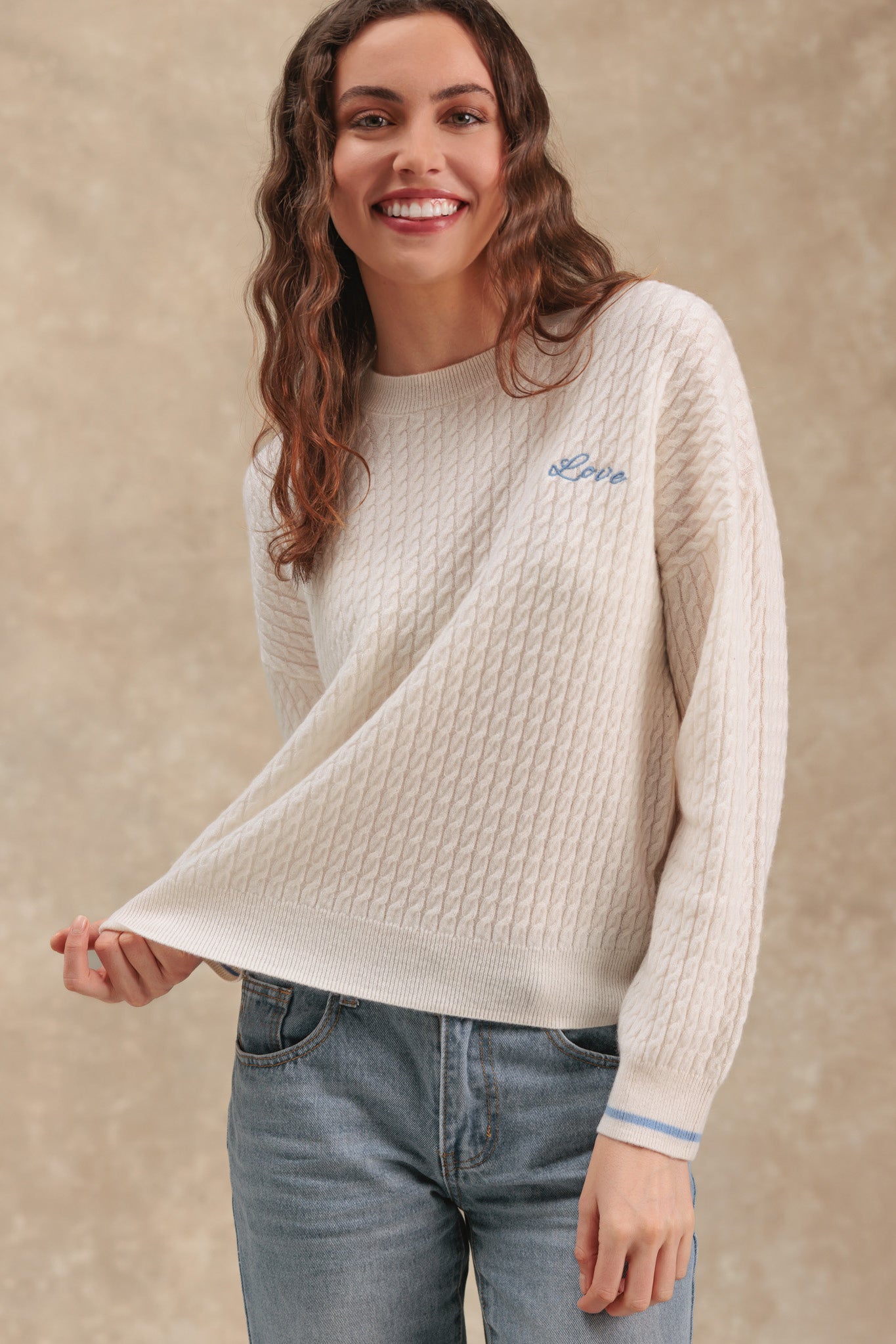 Vivace Cashmere Cable Crew with Love Embroidery