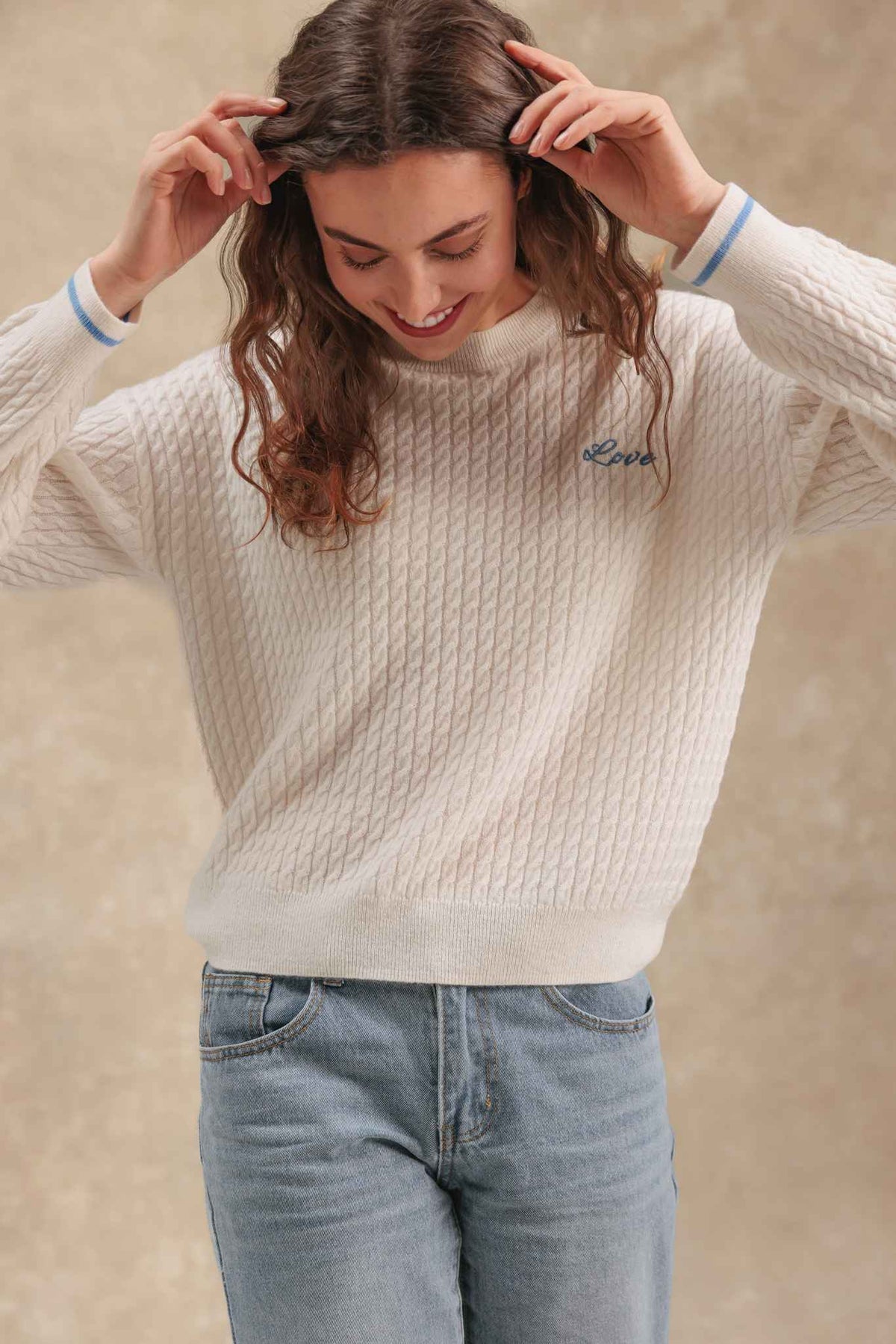 Vivace Cashmere Cable Crew with Love Embroidery
