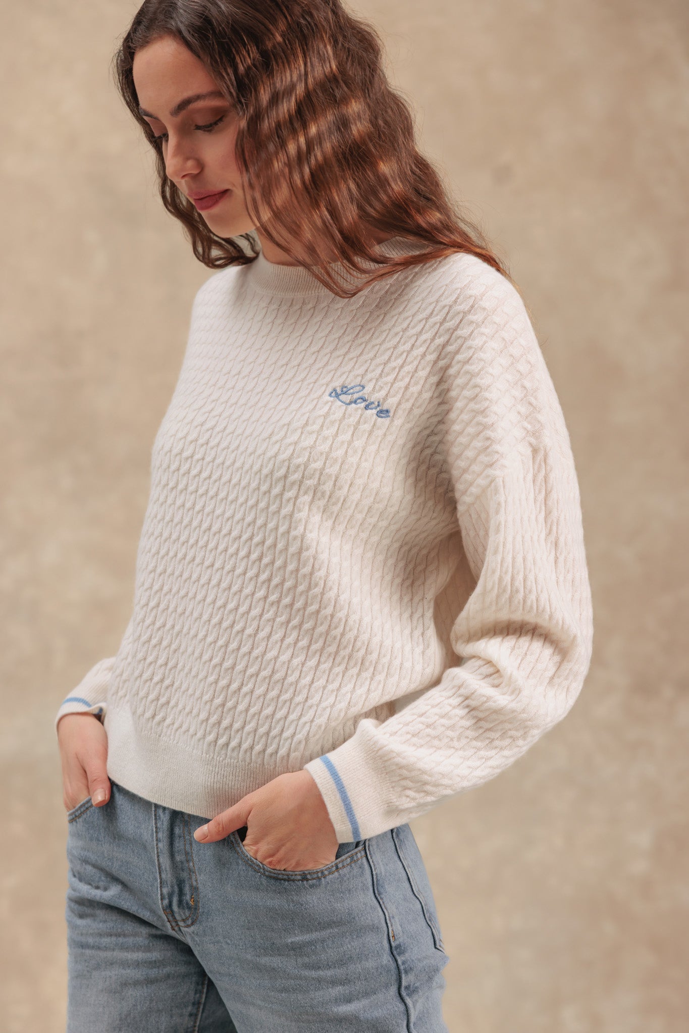Vivace Cashmere Cable Crew with Love Embroidery