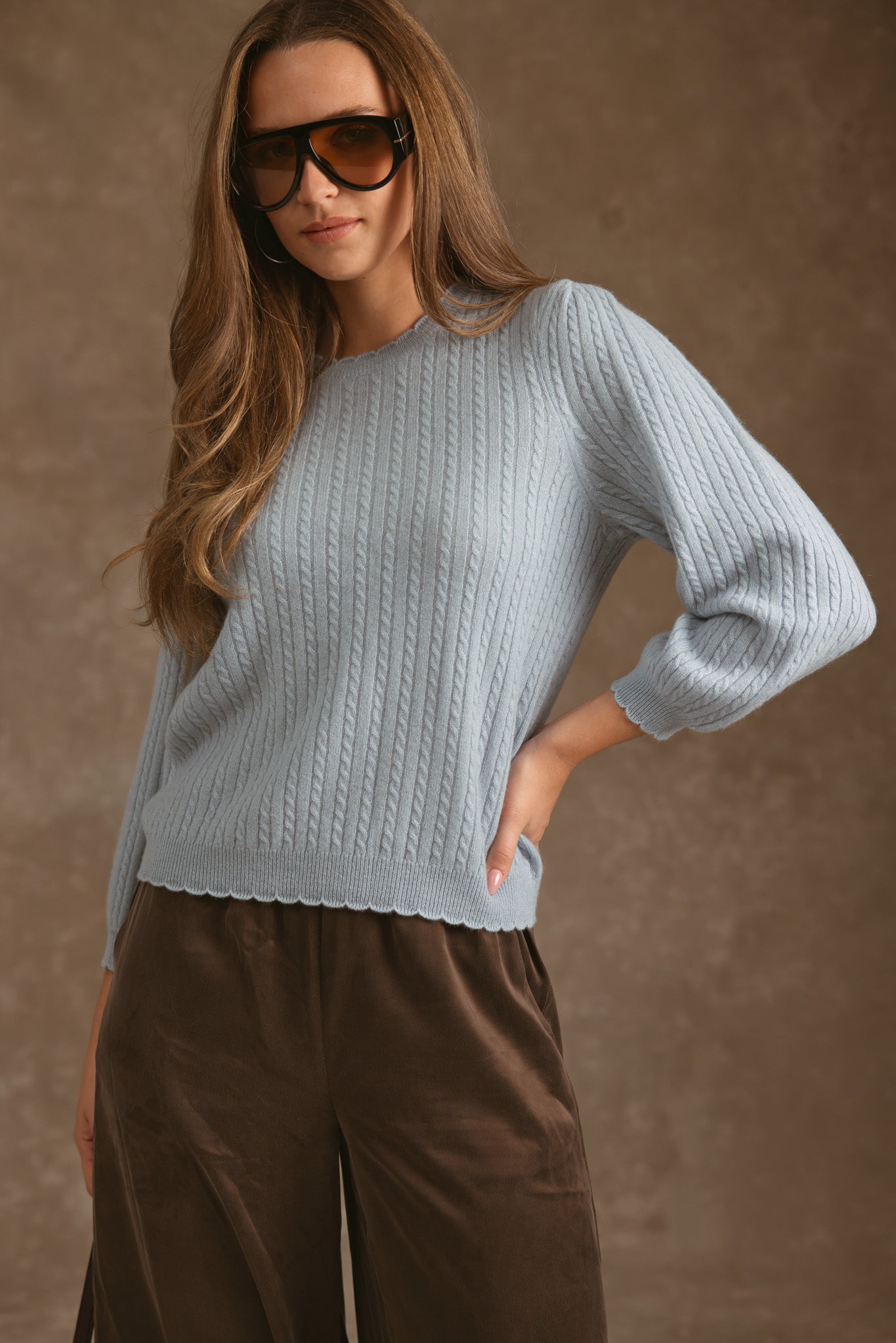 Siena Cashmere Mini Cable 3/4 Puff Sleeve Pullover