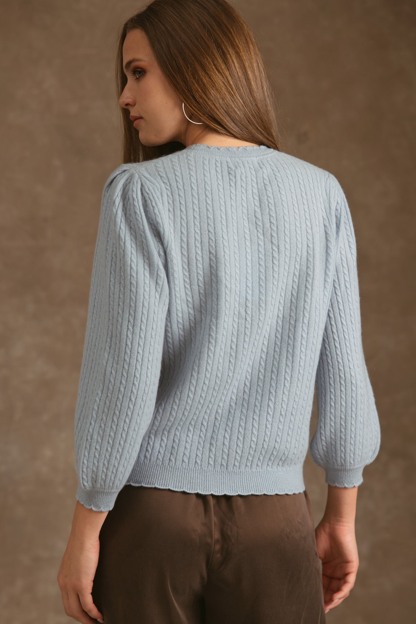 Siena Cashmere Mini Cable 3/4 Puff Sleeve Pullover