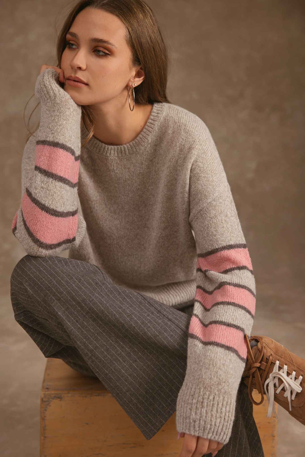 Raine Cashmere Striped Sleeve Crew Neck