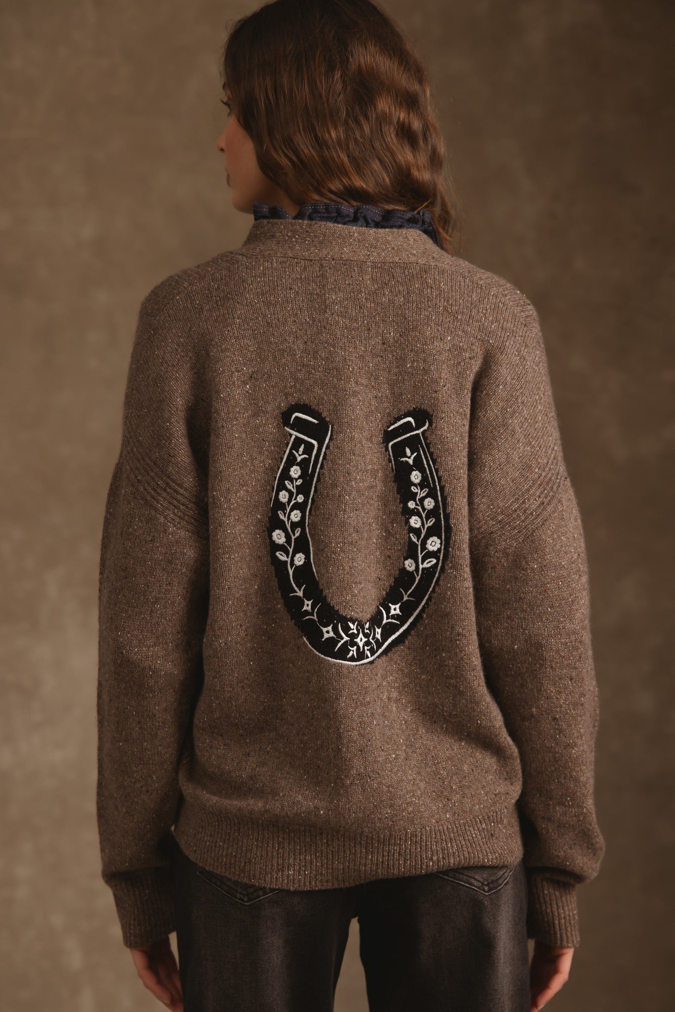 Noriko Cashmere Cardigan with Horse Shoe Graphic