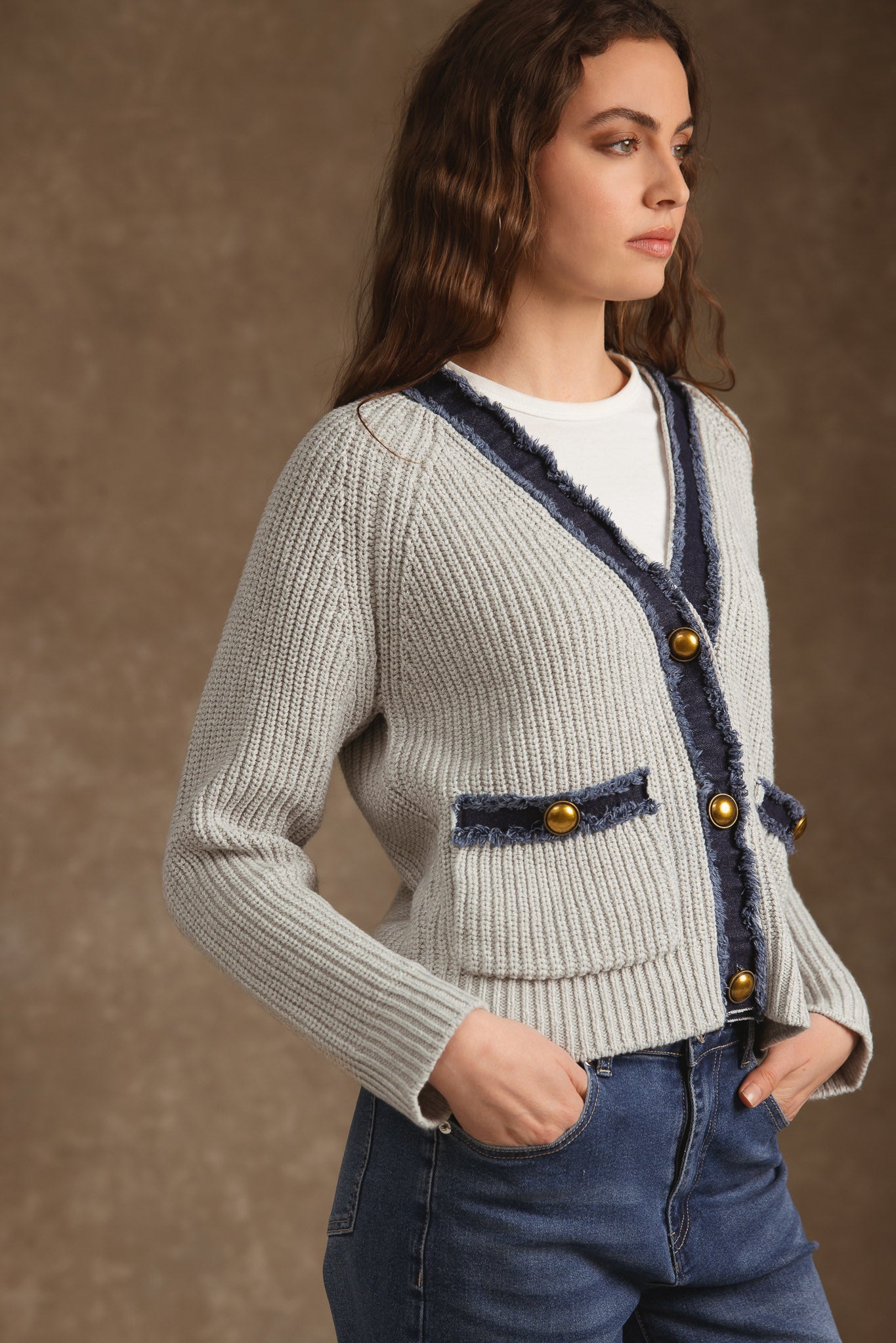 Sylva Cotton Cashmere Chunky Cardigan with Denim Trim
