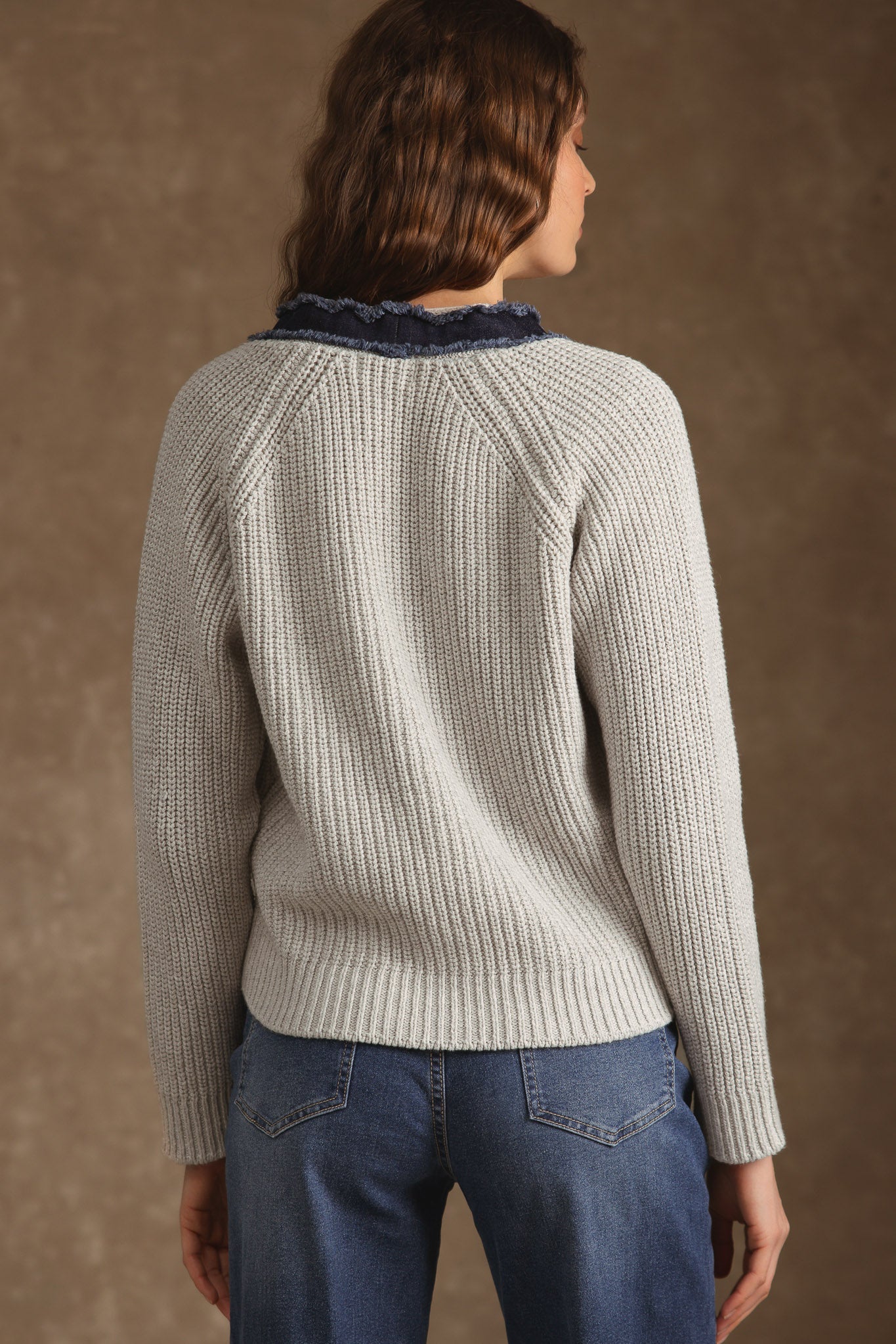 Sylva Cotton Cashmere Chunky Cardigan with Denim Trim