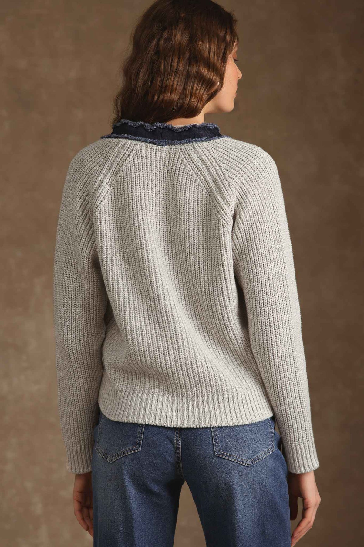 Sylva Cotton Cashmere Chunky Cardigan with Denim Trim