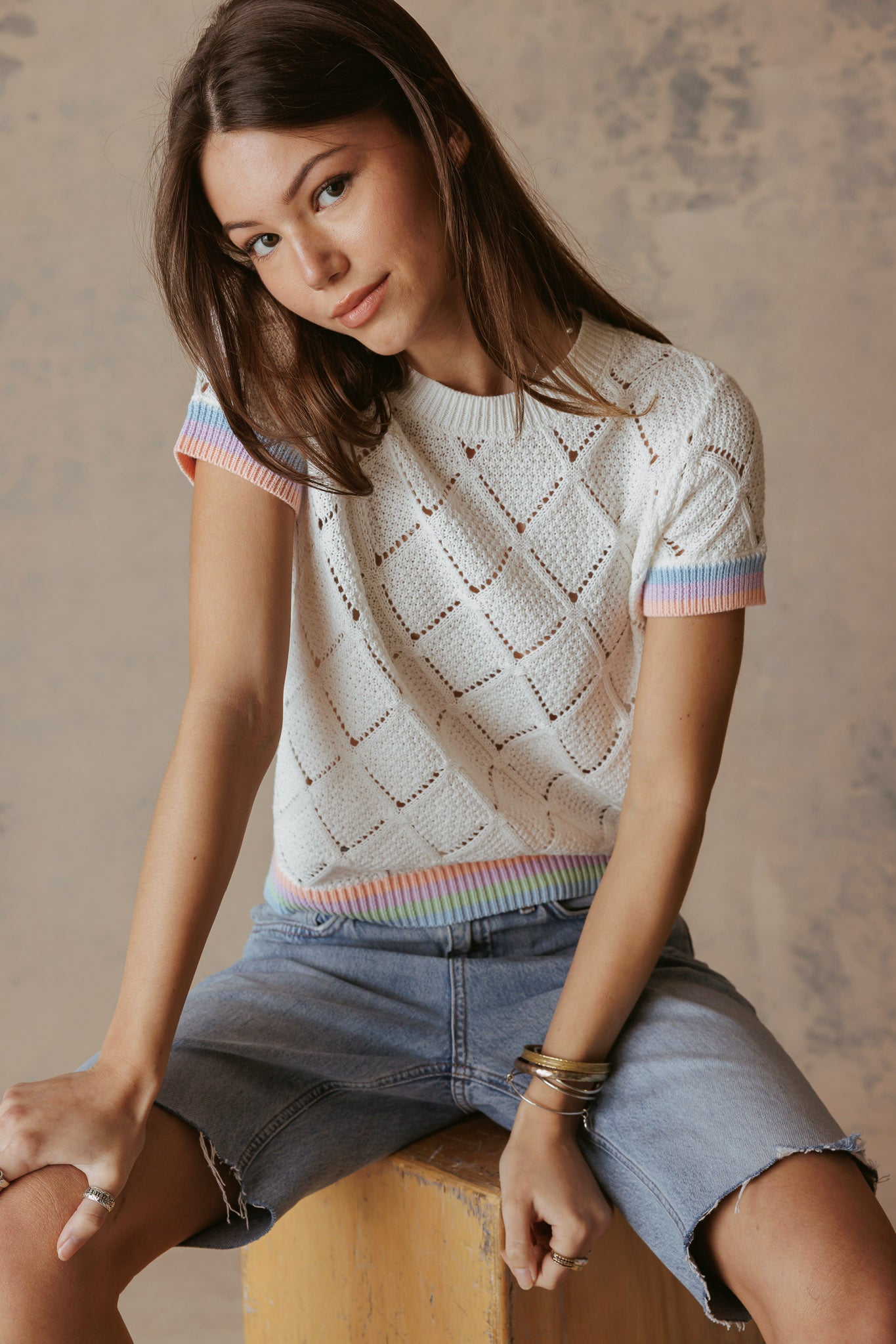 Adriel Cotton Pointelle Top with Striped Trims