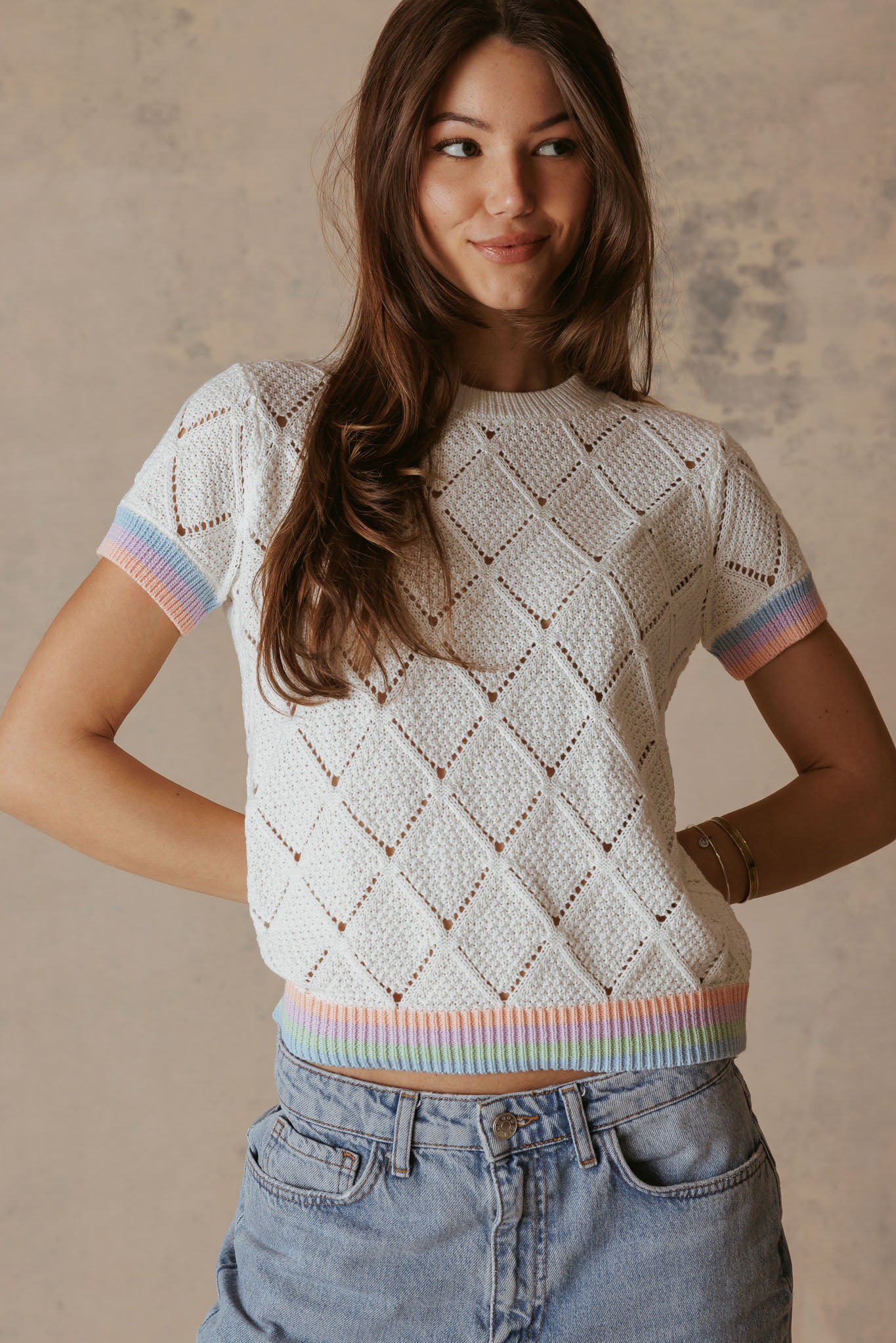 Adriel Cotton Pointelle Top with Striped Trims