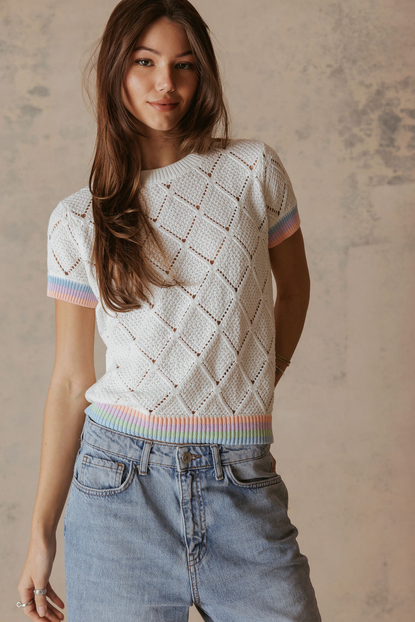 Adriel Cotton Pointelle Top with Striped Trims