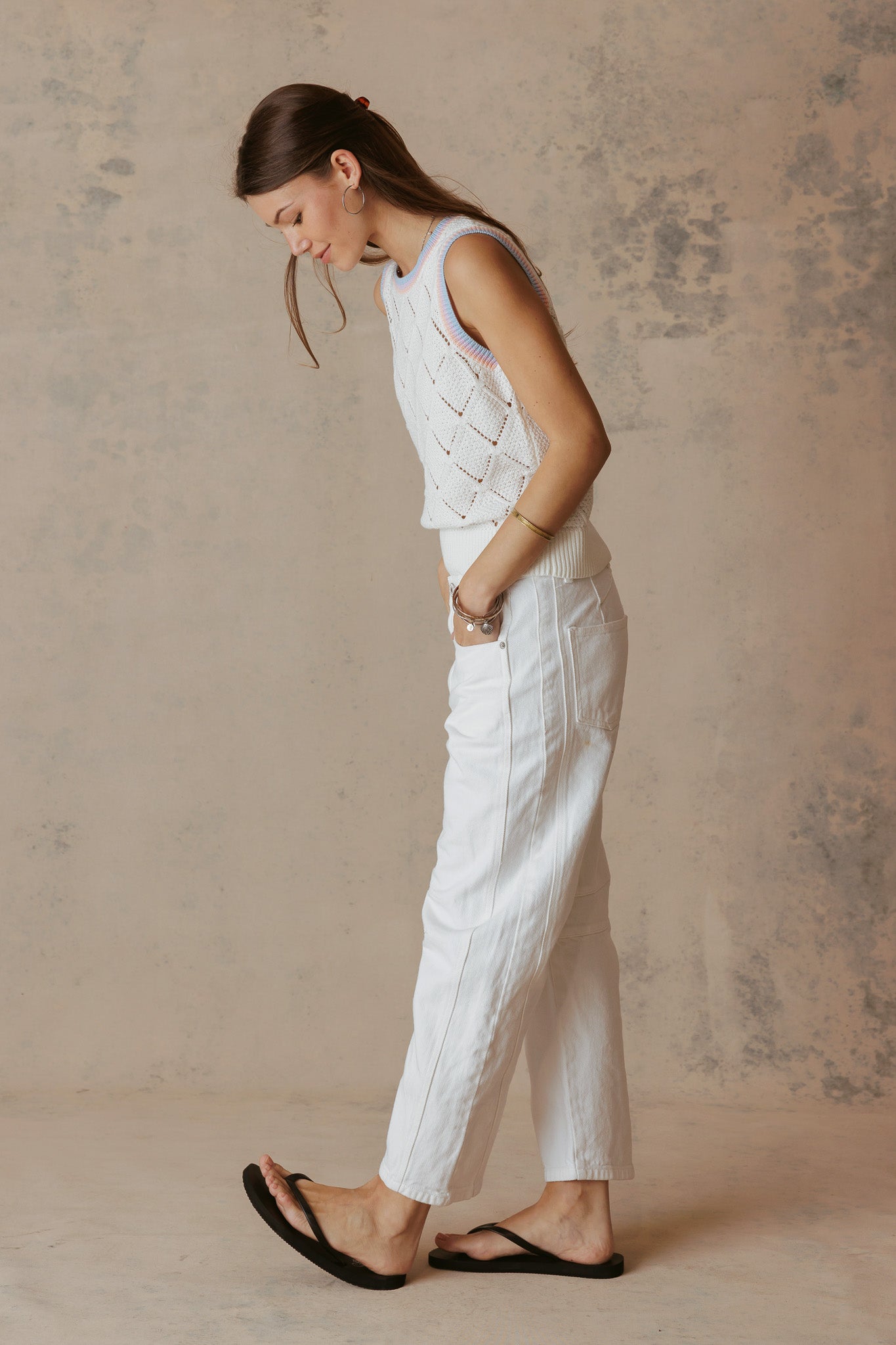 Ayah Texture Cotton Tank with Multi Stripe Trim