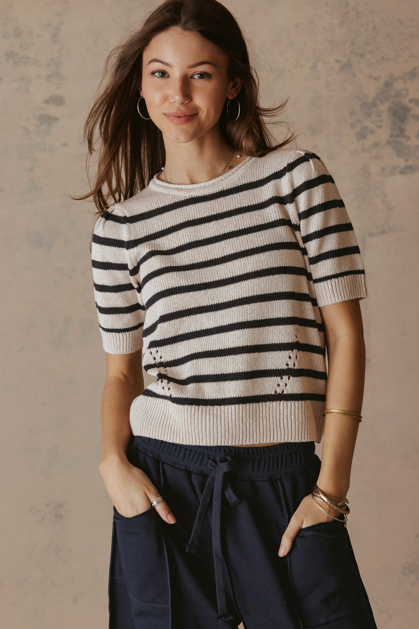 Elenor Linen Blend Striped Short Sleeve