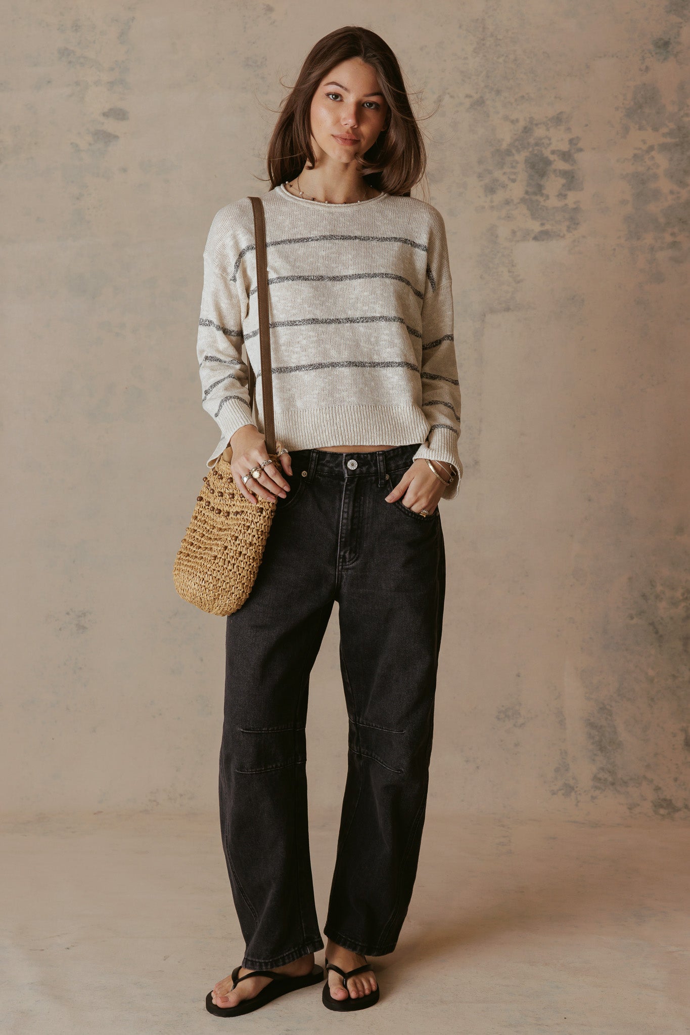 Emel Silk Linen Blend Long Sleeve Stripe Top