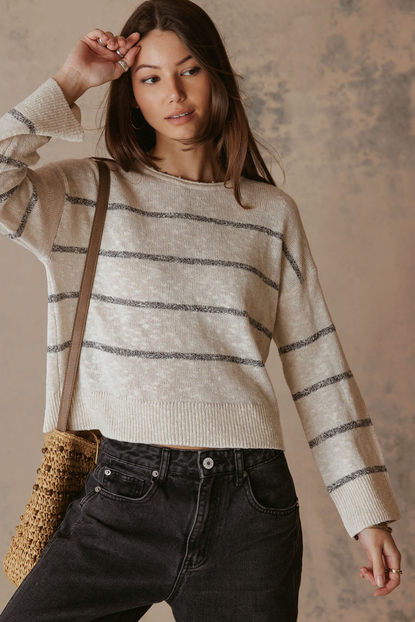 Emel Silk Linen Blend Long Sleeve Stripe Top