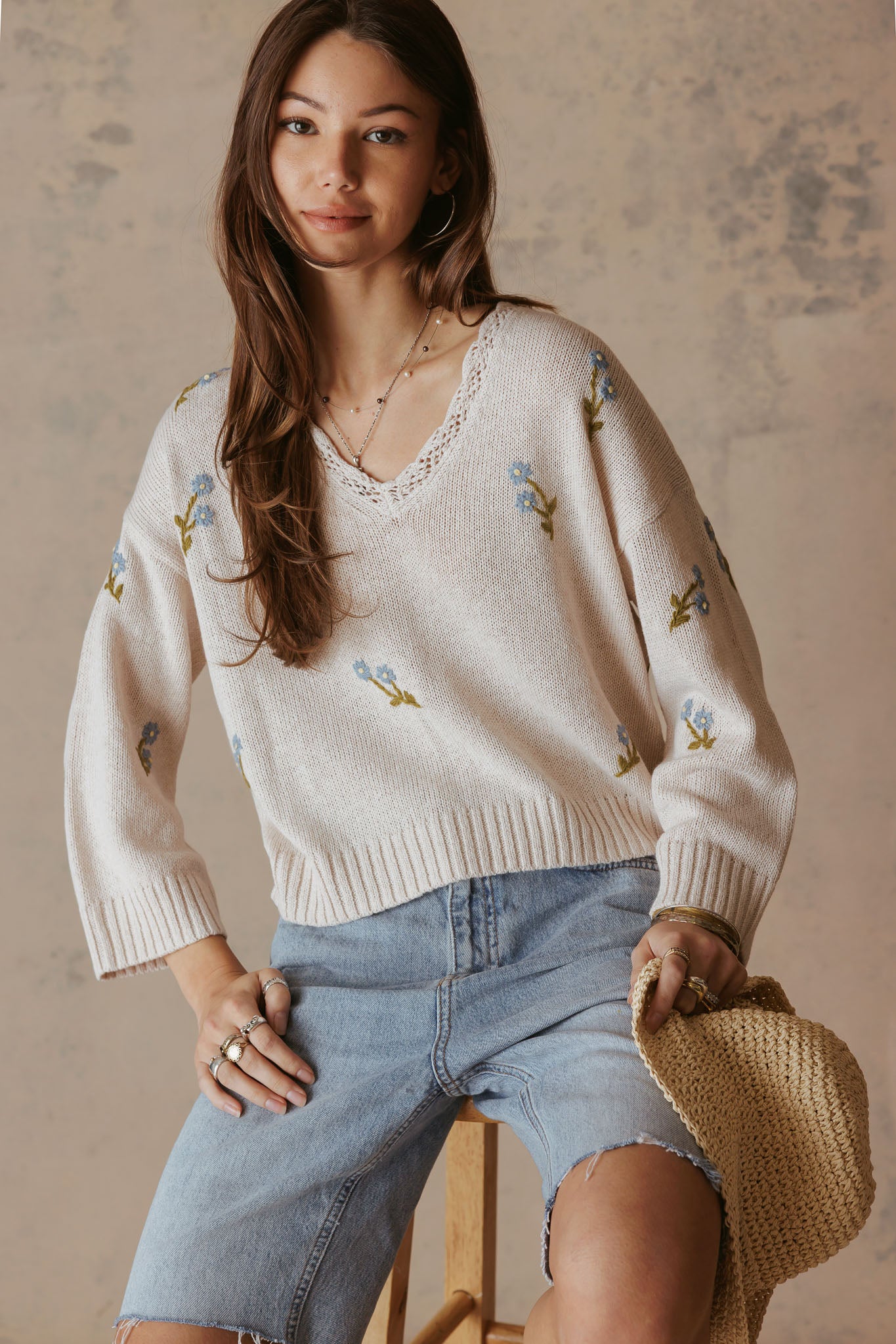 Gelina Linen Blend V neck with Floral Embroidery