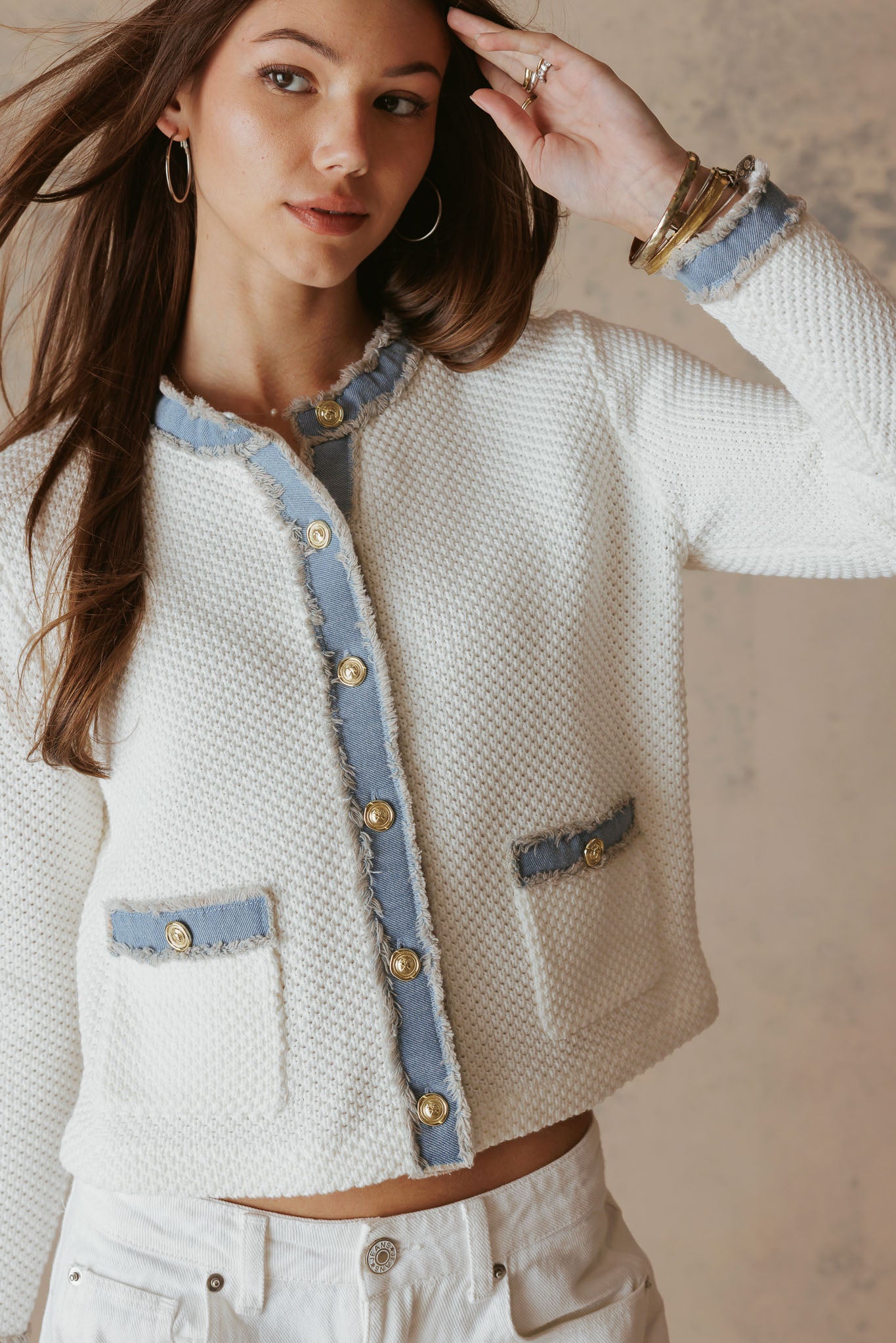 Sutton Cotton Lady Cardiga with Denim Trim