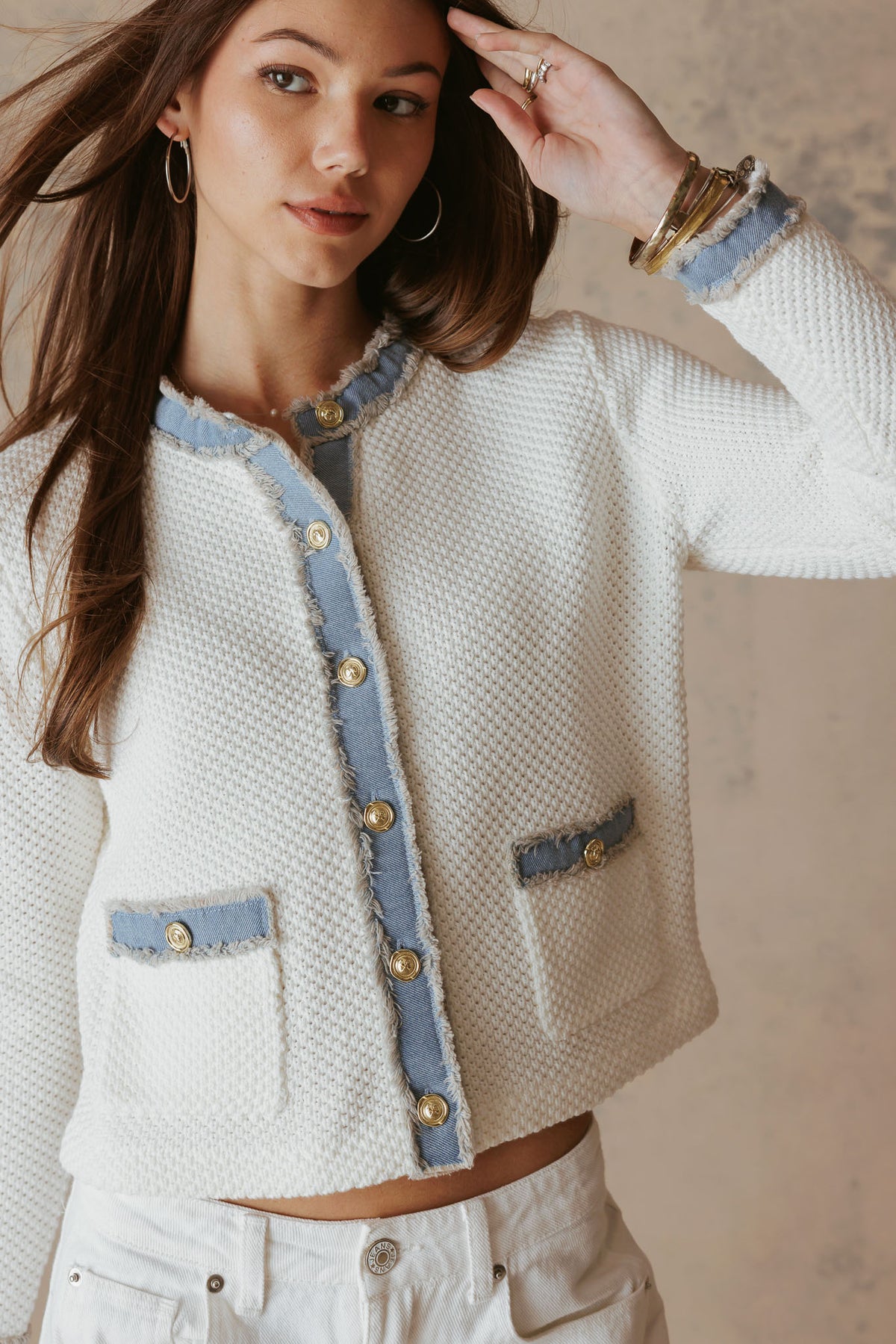 Sutton Cotton Cardigan With Denim Trim | 27 Miles