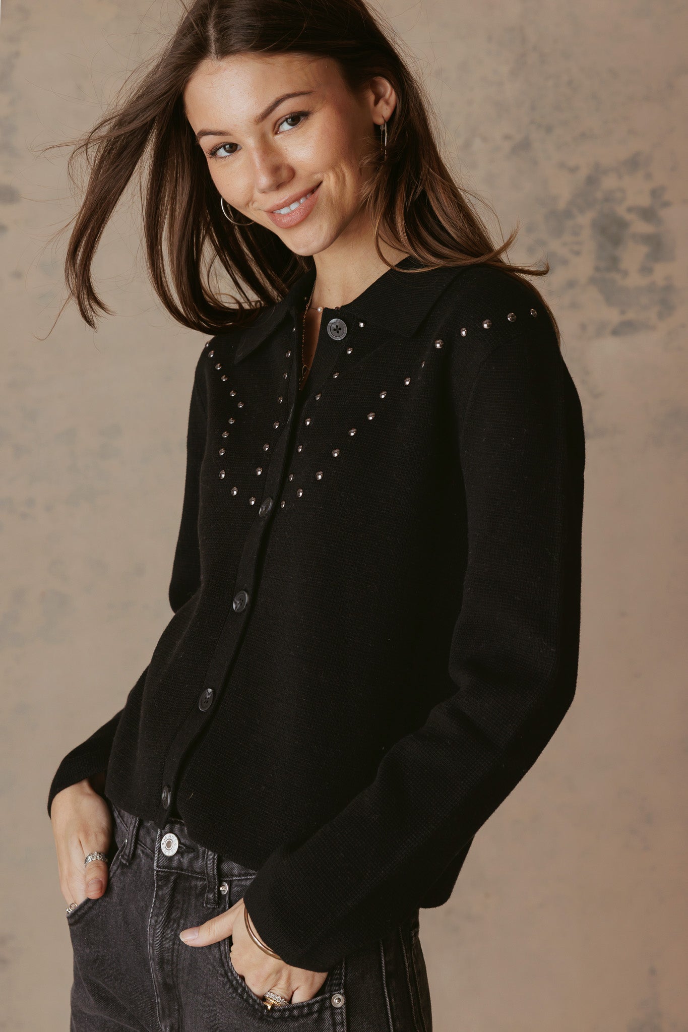 Theresa Studded Collar Knit Jacket