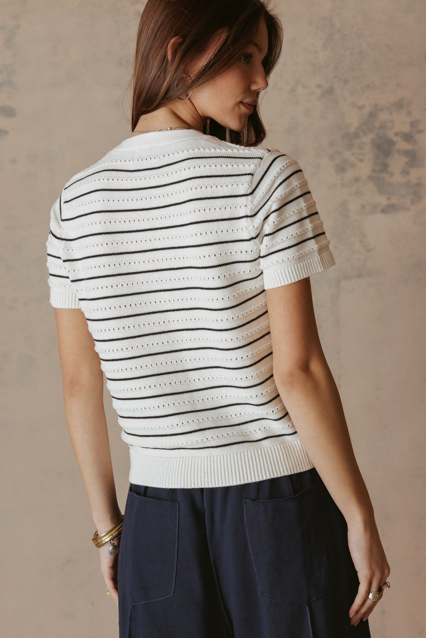 Yelena Cotton Short Sleeve Stripe Cardigan