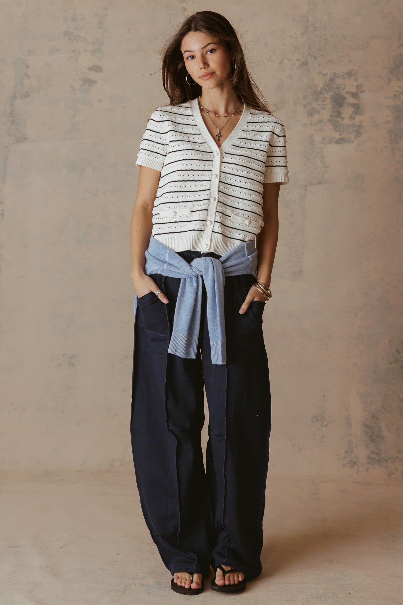 Yelena Cotton Short Sleeve Stripe Cardigan