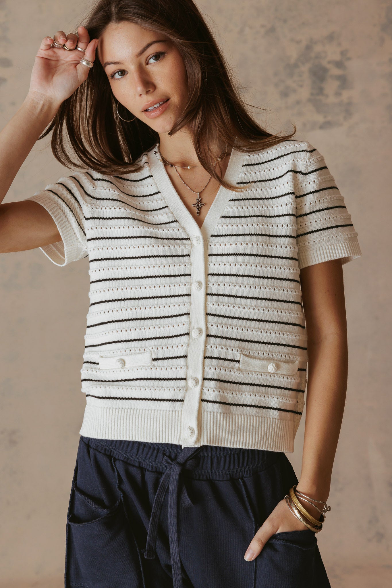 Yelena Cotton Short Sleeve Stripe Cardigan