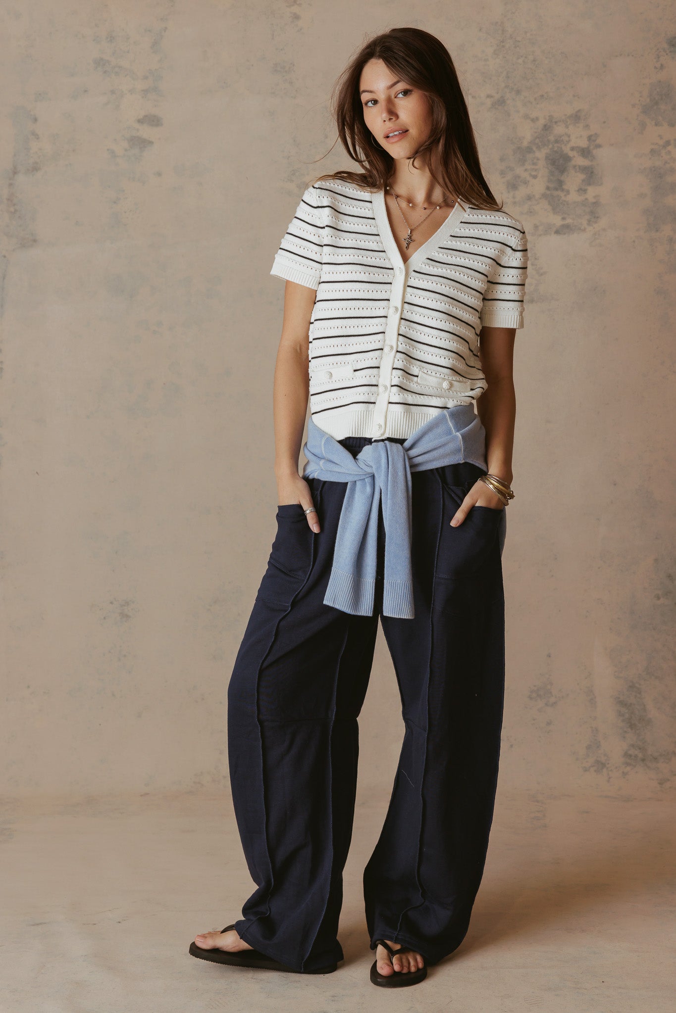 Yelena Cotton Short Sleeve Stripe Cardigan