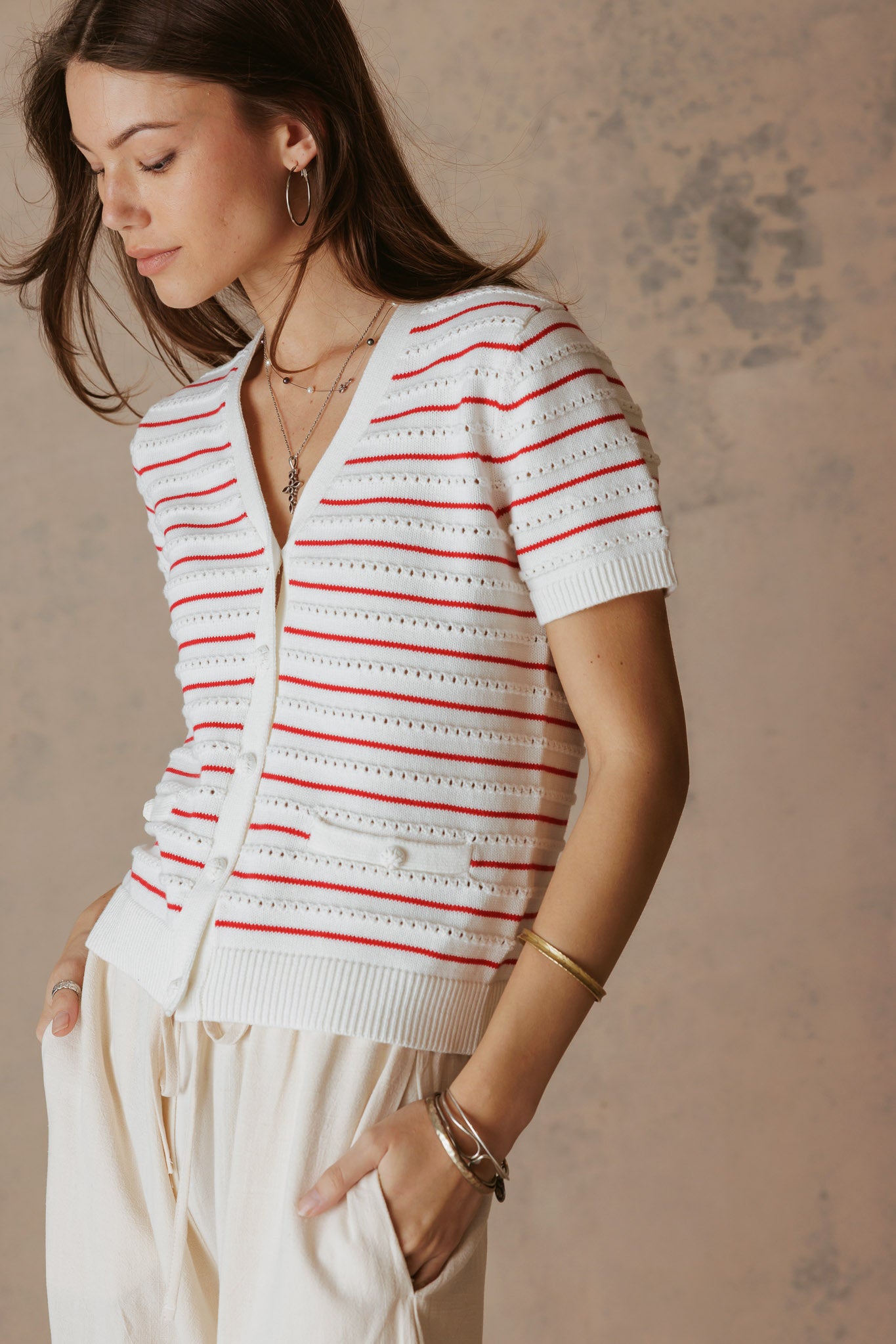 Yelena Cotton Short Sleeve Stripe Cardigan