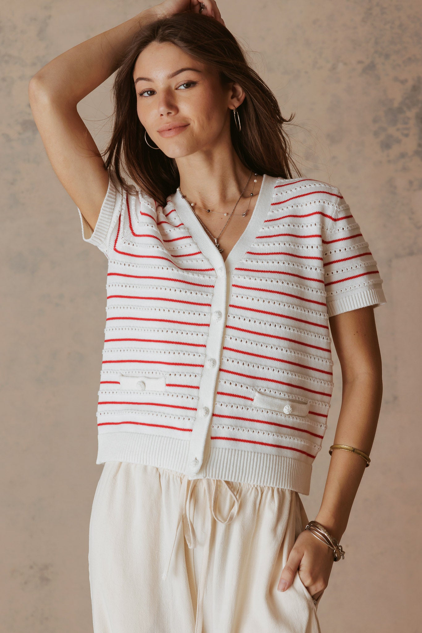 Yelena Cotton Short Sleeve Stripe Cardigan