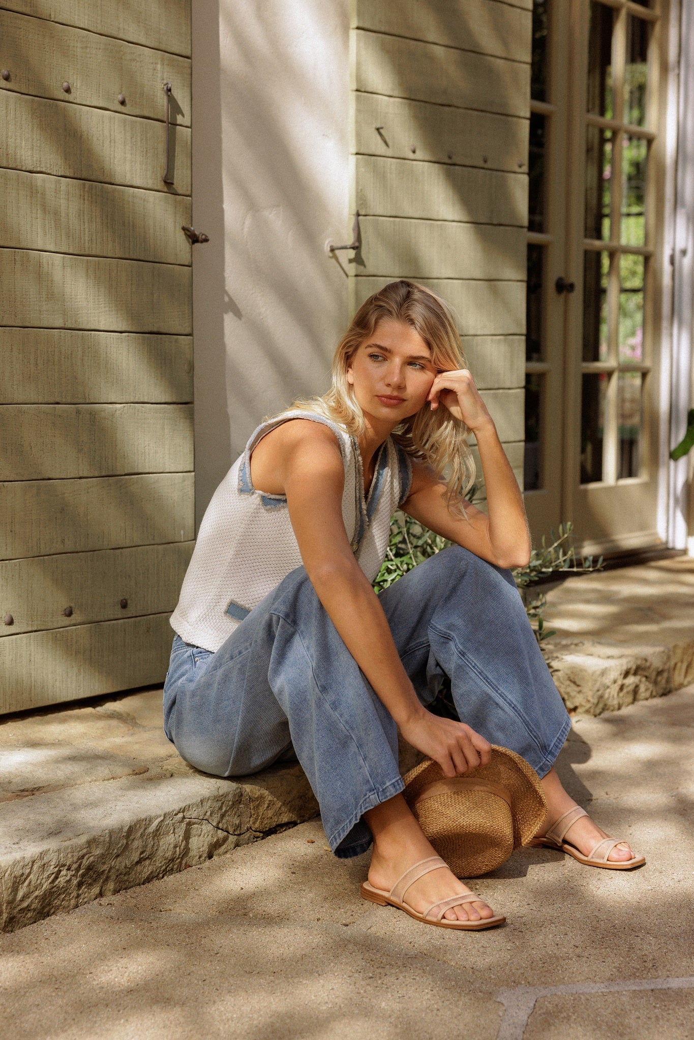 Phaedra Texture Tank Cardigan with Denim Trim