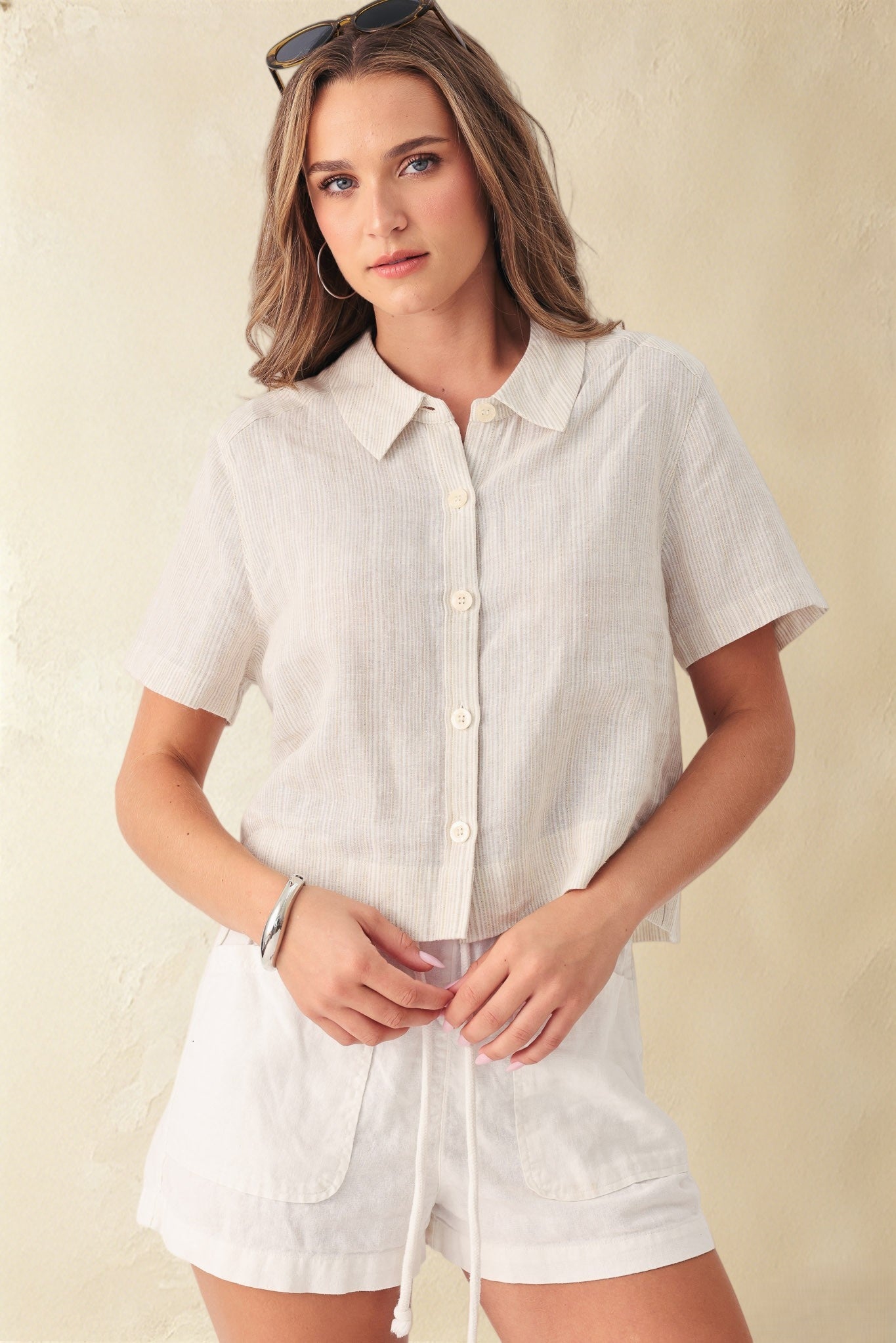Sole Short Sleeve Lurex Pi Stripe Crop Shirt