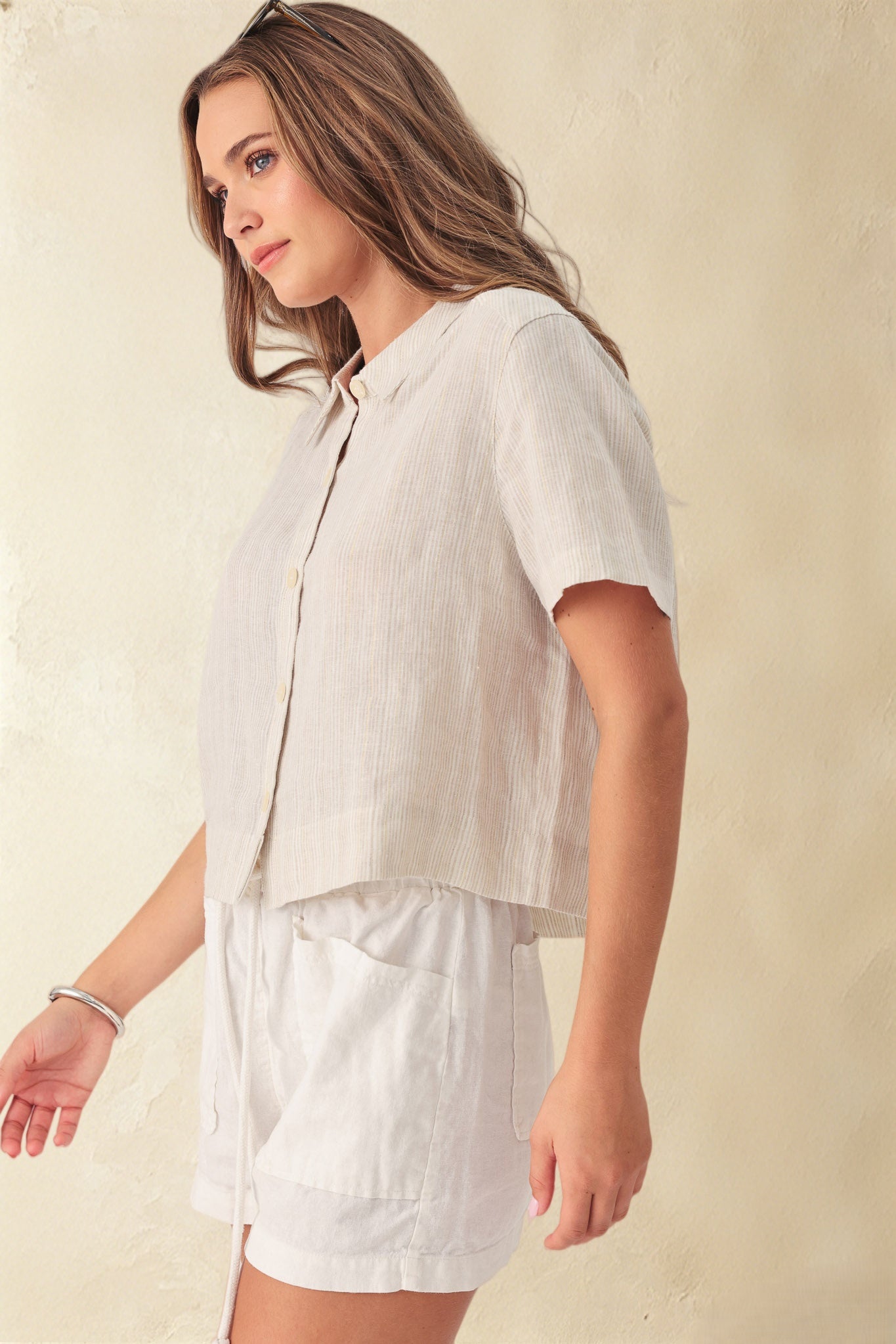 Sole Short Sleeve Lurex Pi Stripe Crop Shirt