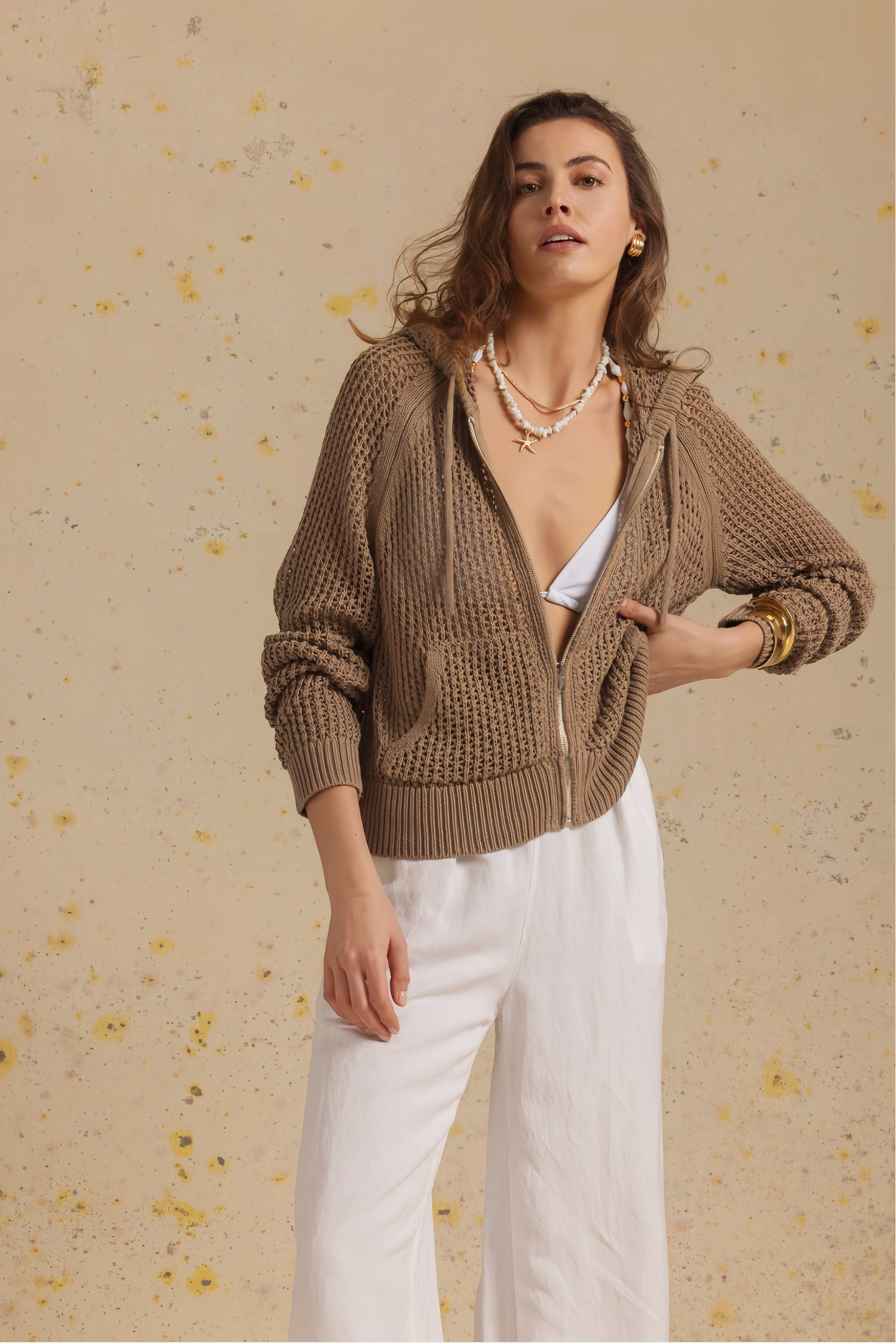 Marian Cotton Open Stitch Cropped Hoodie